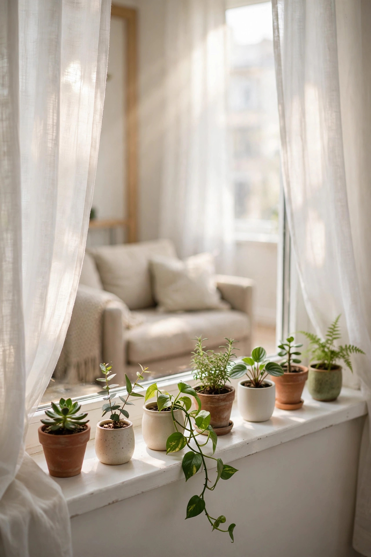 White windowsill lined with small green plants in ceramic and terracotta pots