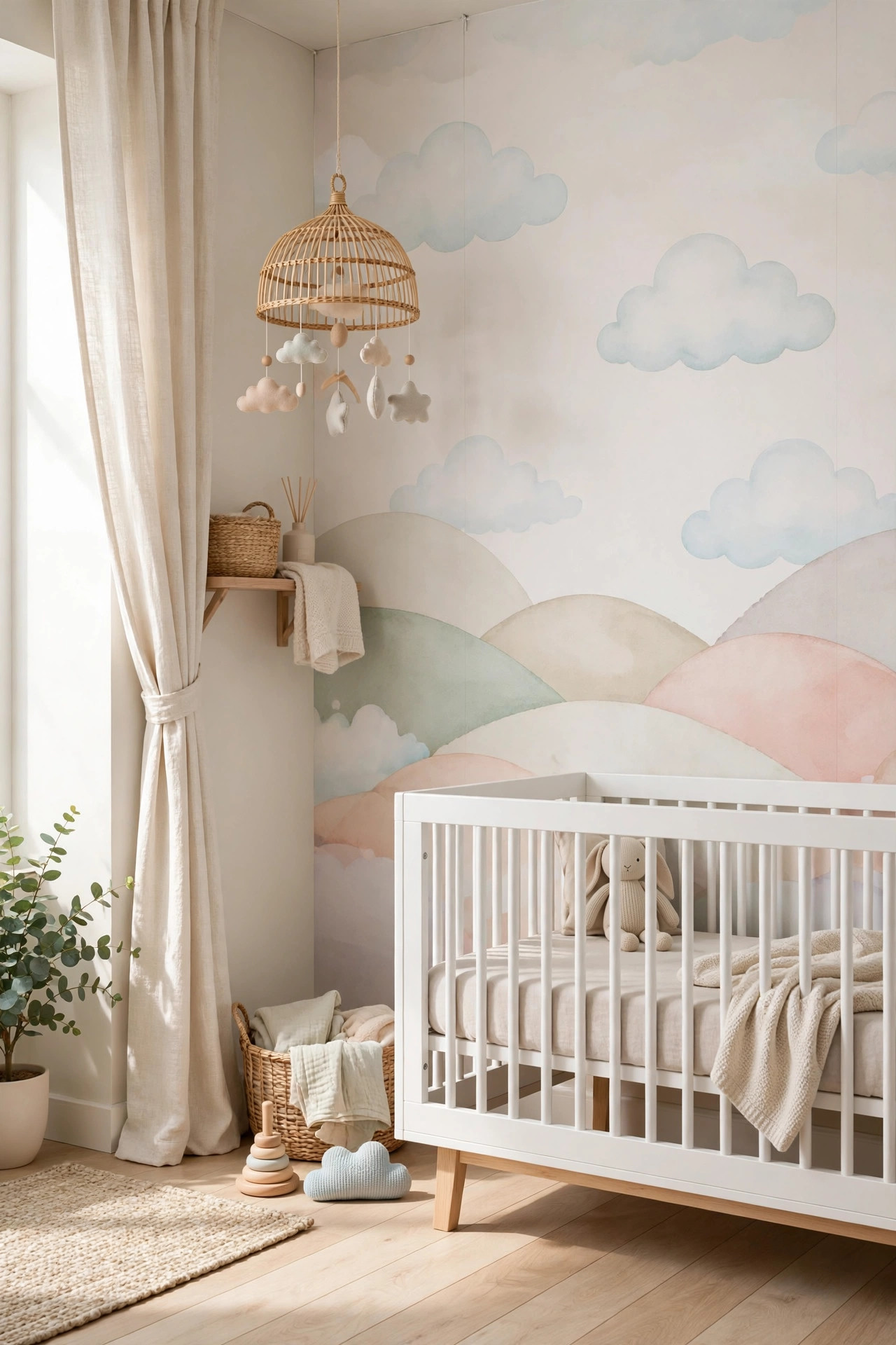 Nursery corner with soft pastel cloud mural peel and stick wallpaper near a white crib.