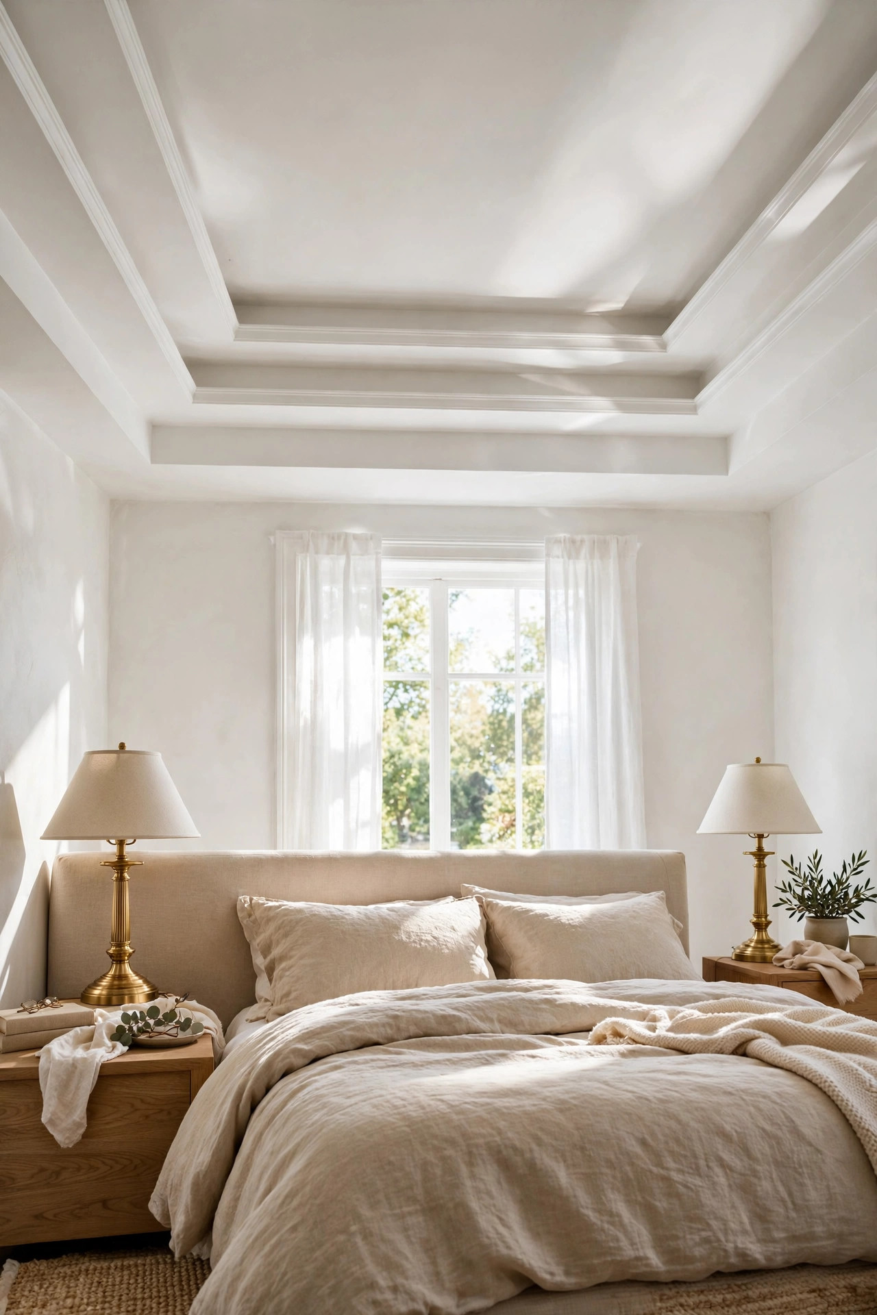 17 Art Deco Bedroom Ideas With a Modern Twist 18 A bedroom ceiling with a stepped tray molding detail catching soft natural daylight.