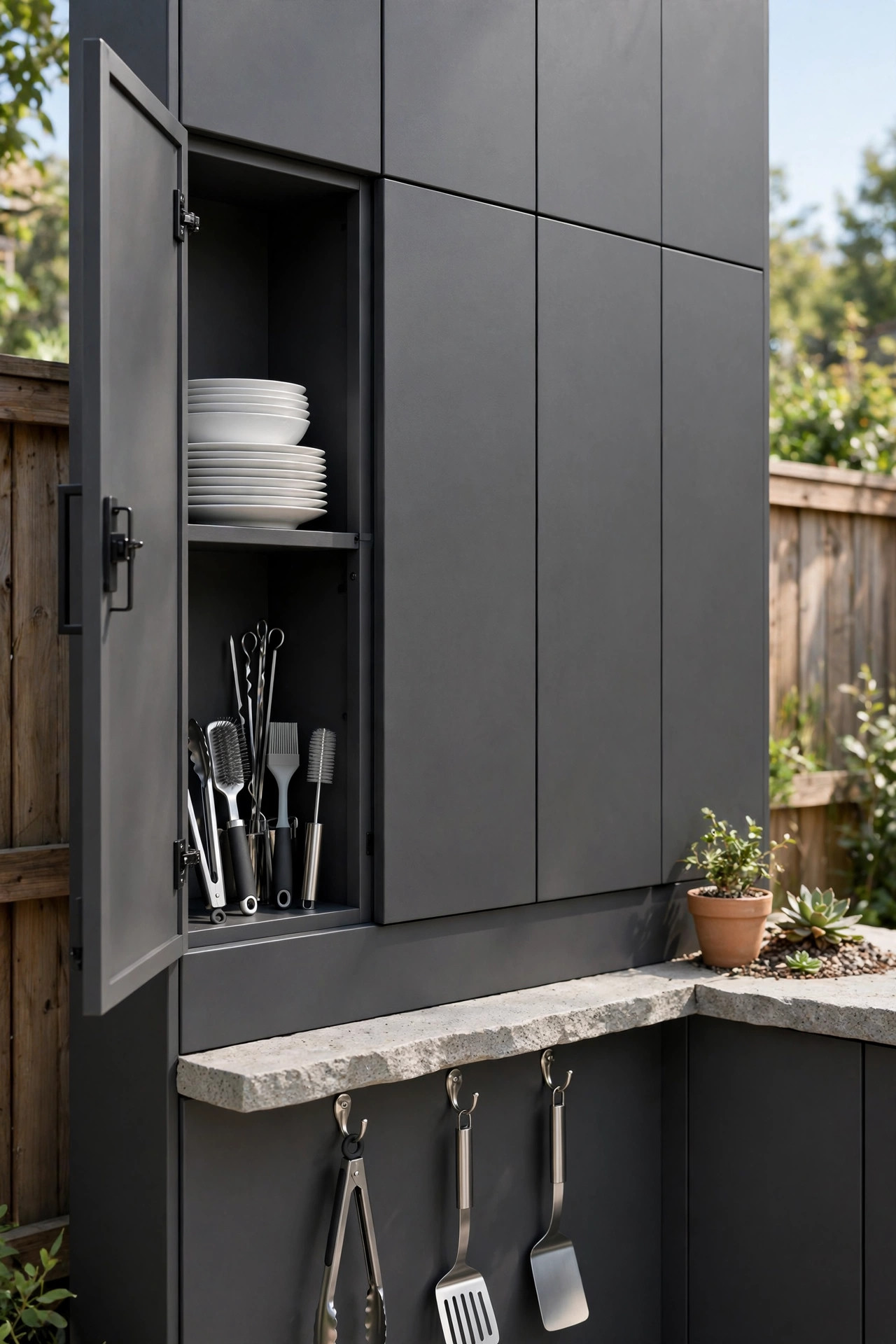 Weatherproof storage cabinets with grill tools in an outdoor kitchen