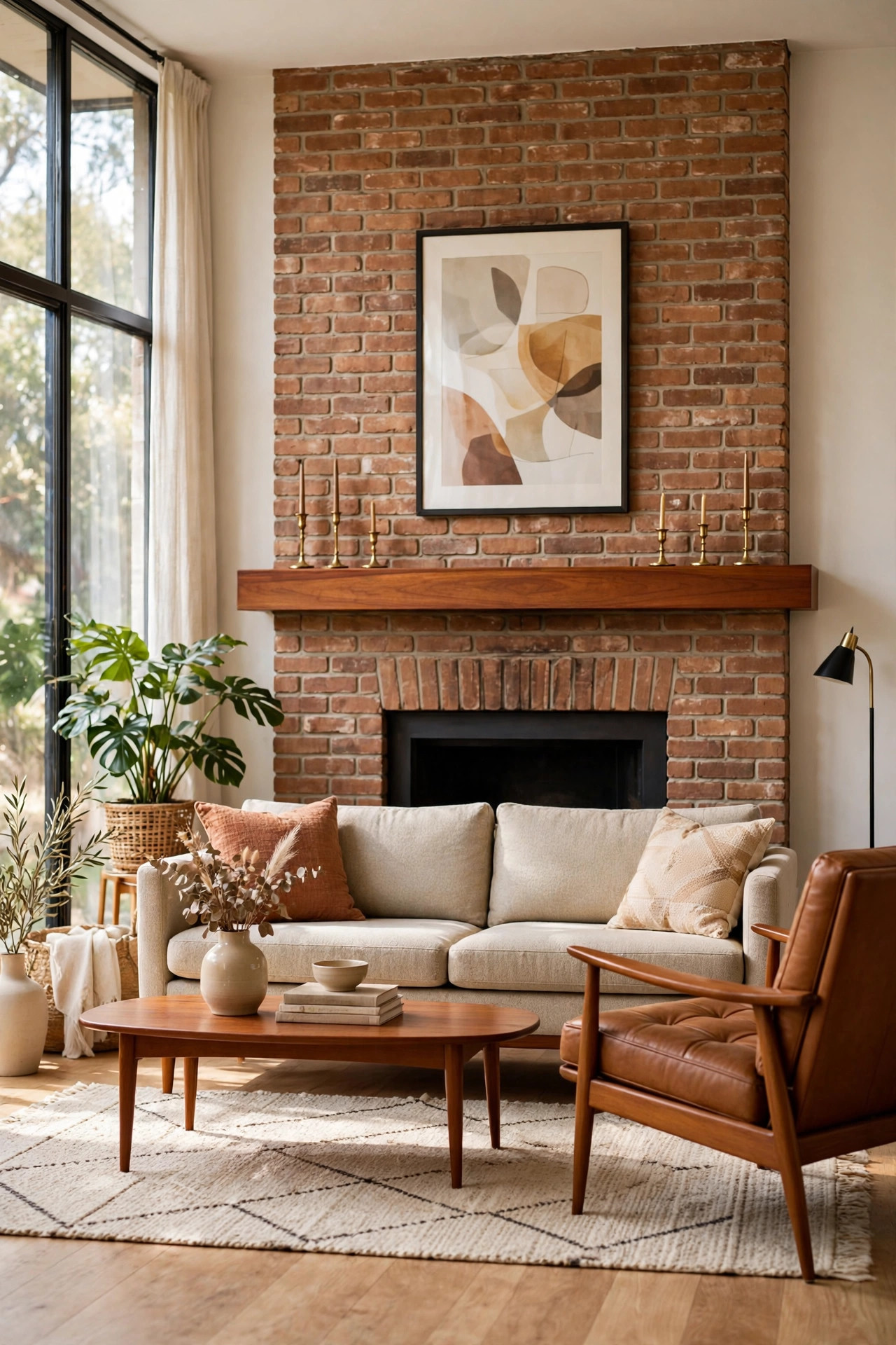 17 Mid-Century Modern Living Room Ideas That Still Feel Fresh 18 Brick fireplace with a teak mantel and abstract art above it