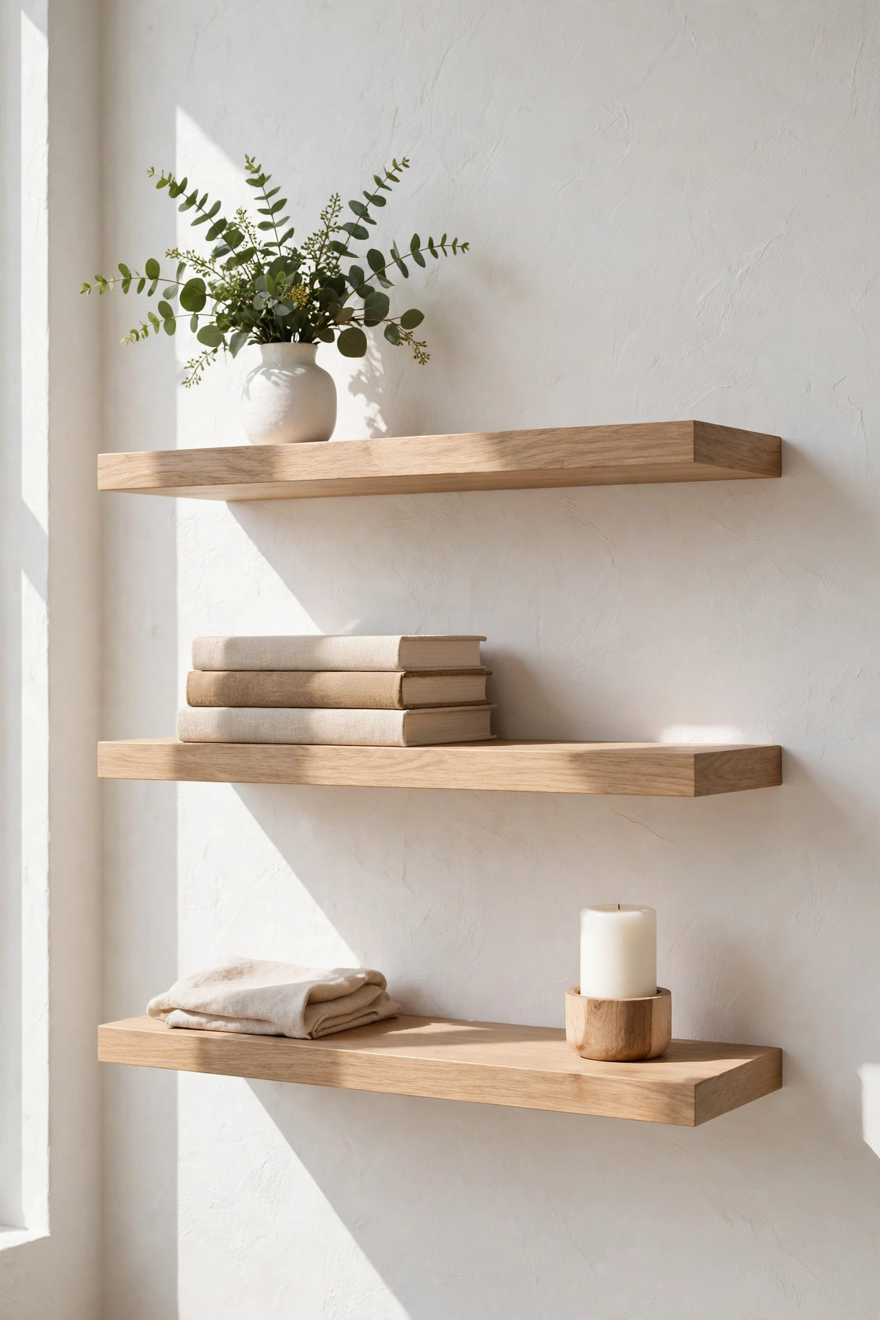 19 Dollar Store Decor Ideas That Look Way More Expensive 18 Styled floating shelves with a small vase of greenery, stacked books and a candle in white and wood tones