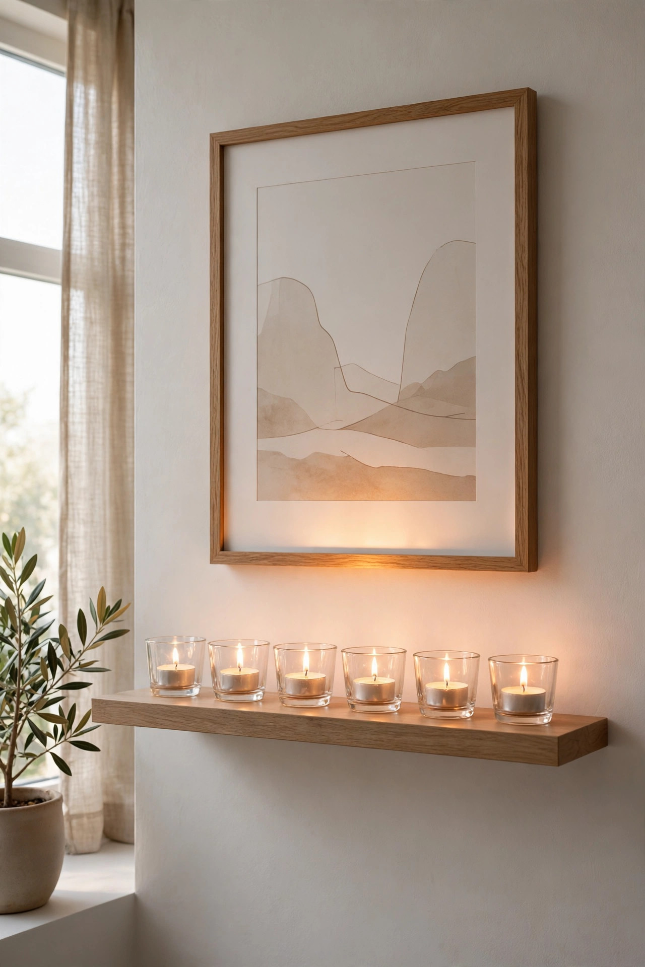 Six small glass tea light cups in a row on a floating shelf under framed art