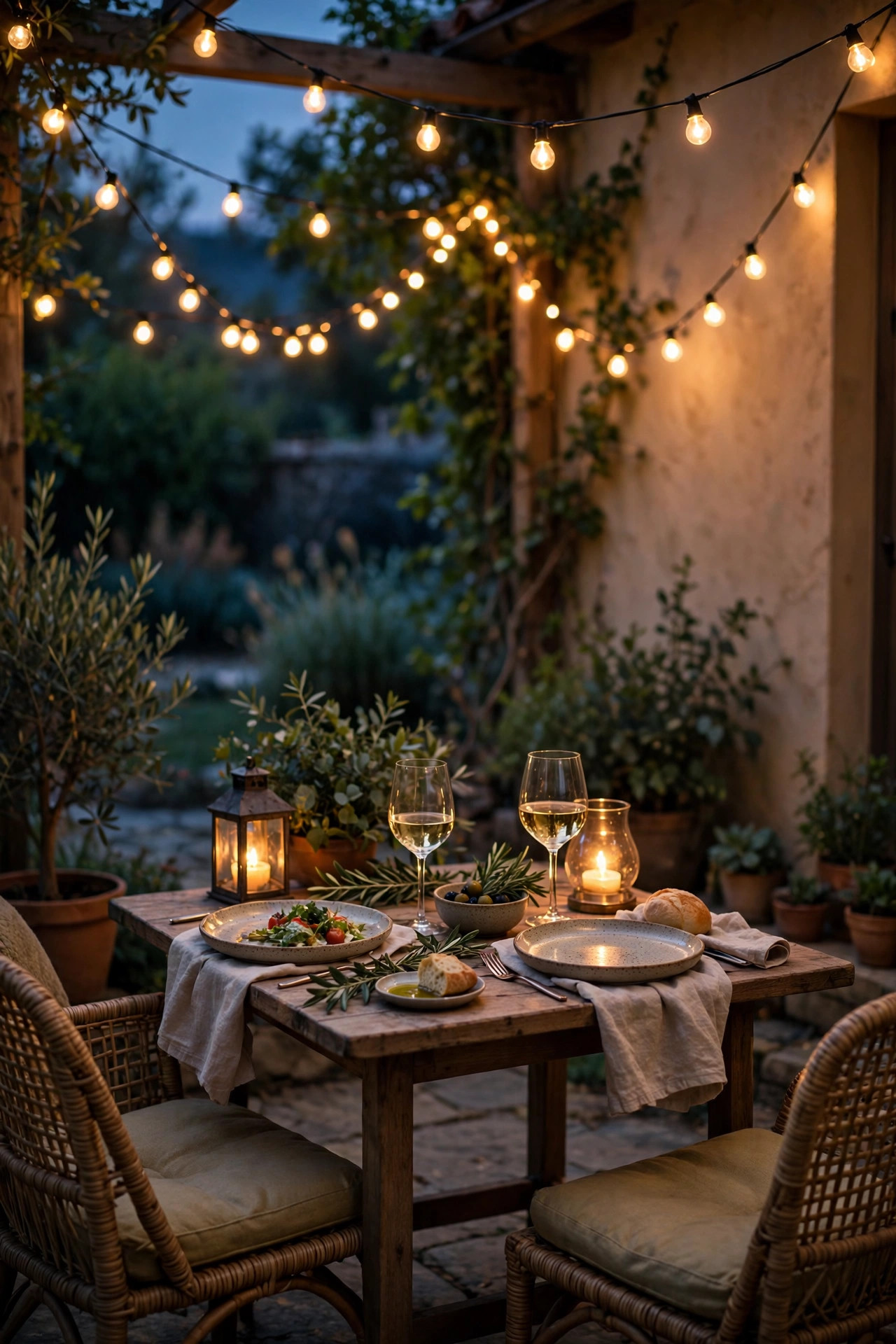 17 Outdoor Dining Ideas for Small Patios 18 Small patio dinner table at dusk under zigzagged string lights, with glowing lanterns, plates and wine glasses