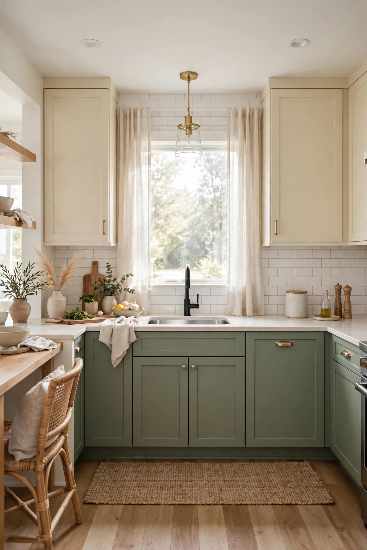 Kitchen with two tone cabinets, sage green lowers and warm cream uppers.