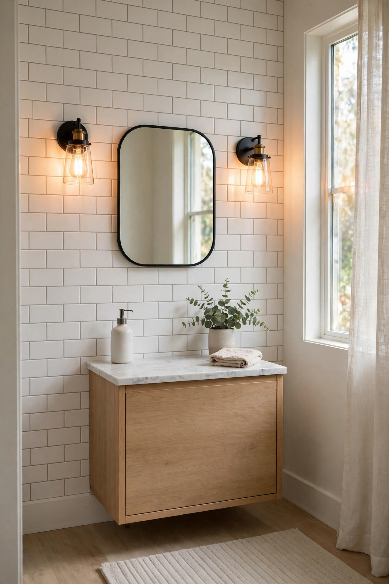 Warm glowing wall sconces on either side of a small bathroom mirror.