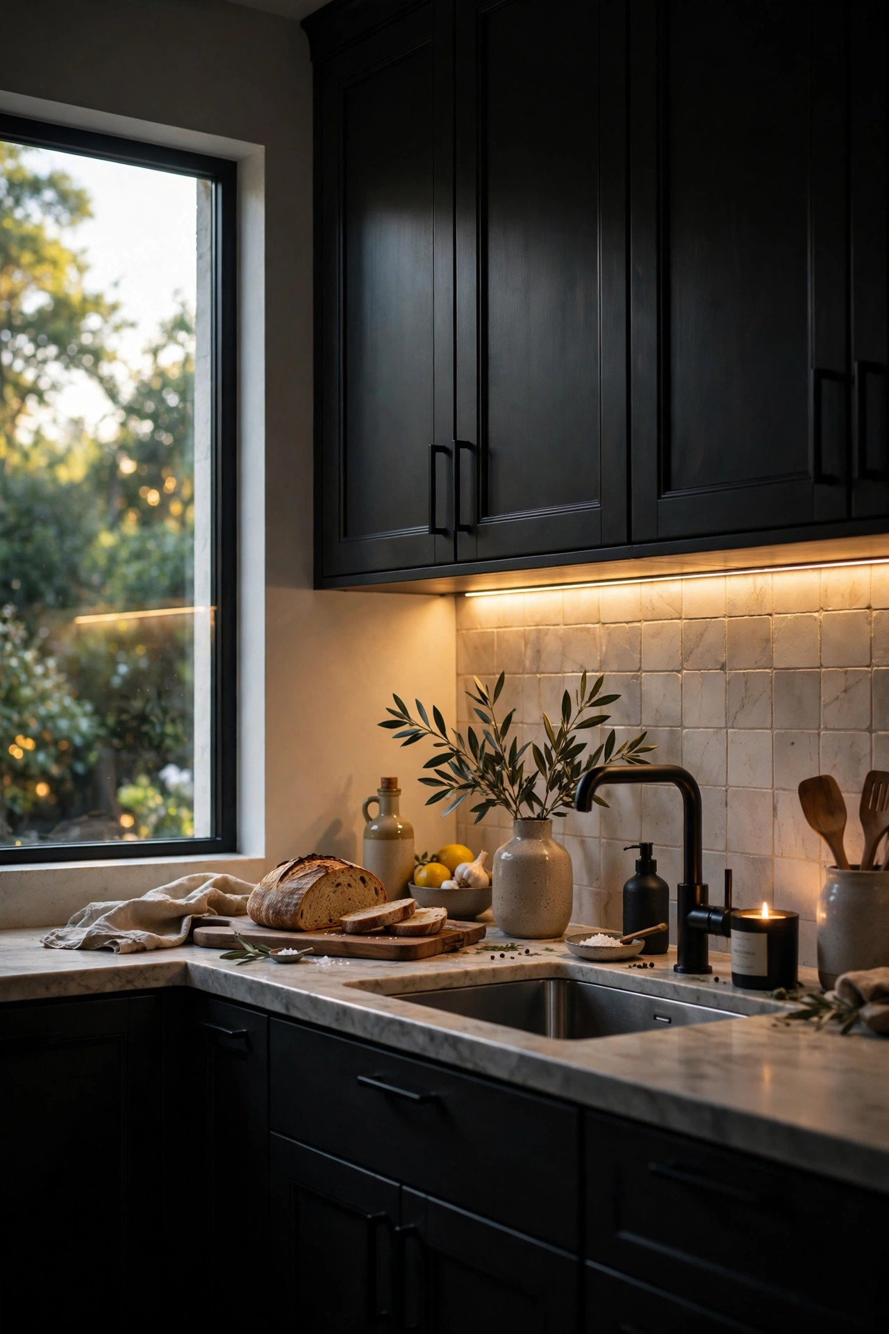 Warm golden under cabinet lighting glowing beneath dark kitchen cabinets.