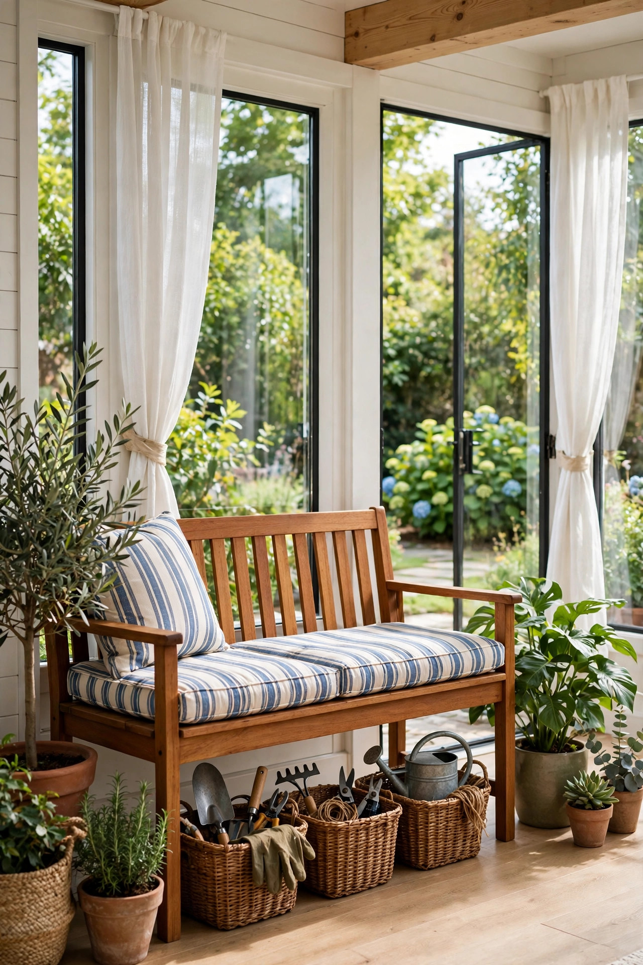 Teak wooden bench with striped cushions and woven baskets with garden tools