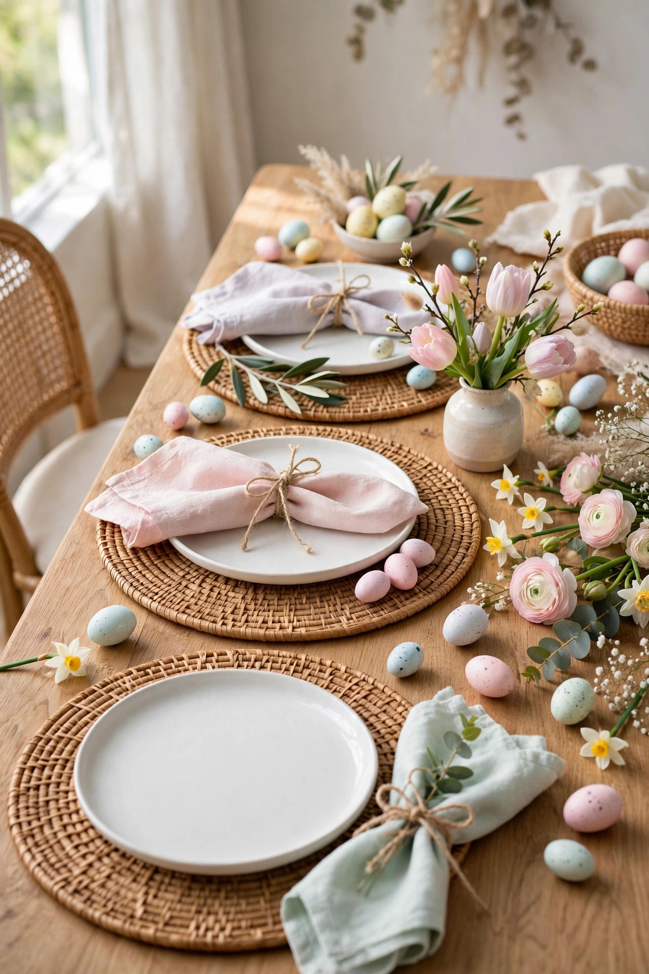 Woven rattan placemats under white plates on a pastel table