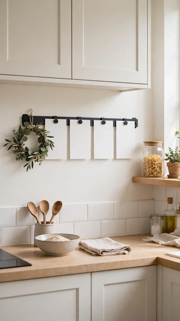 A black magnetic strip on a kitchen wall holding blank recipe cards and a small green wreath, above a counter with a bowl and wooden spoons.