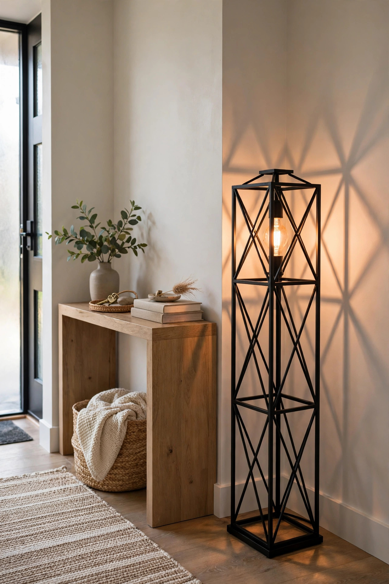 A black metal lantern style cage floor lamp with a warm Edison bulb casting geometric shadows in an entryway.