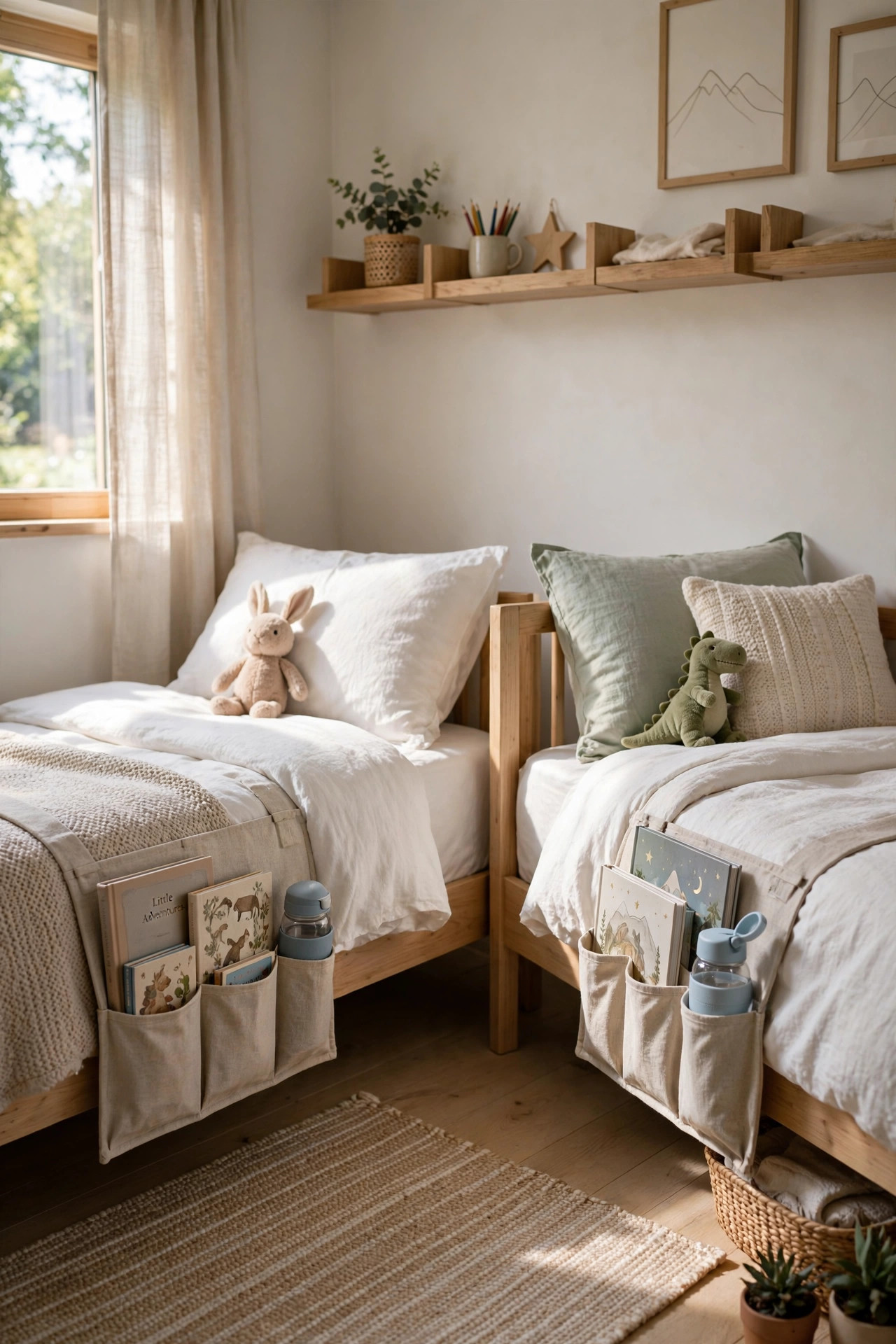 Fabric bedside caddies hanging on the side of two beds.