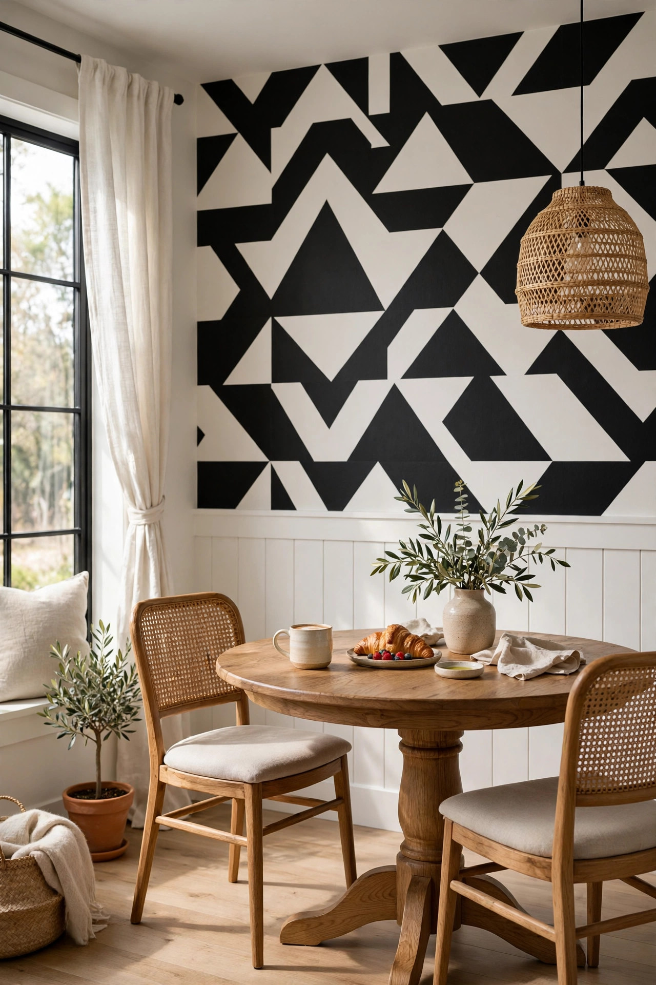 Breakfast nook with black and white geometric peel and stick wallpaper and wooden table.