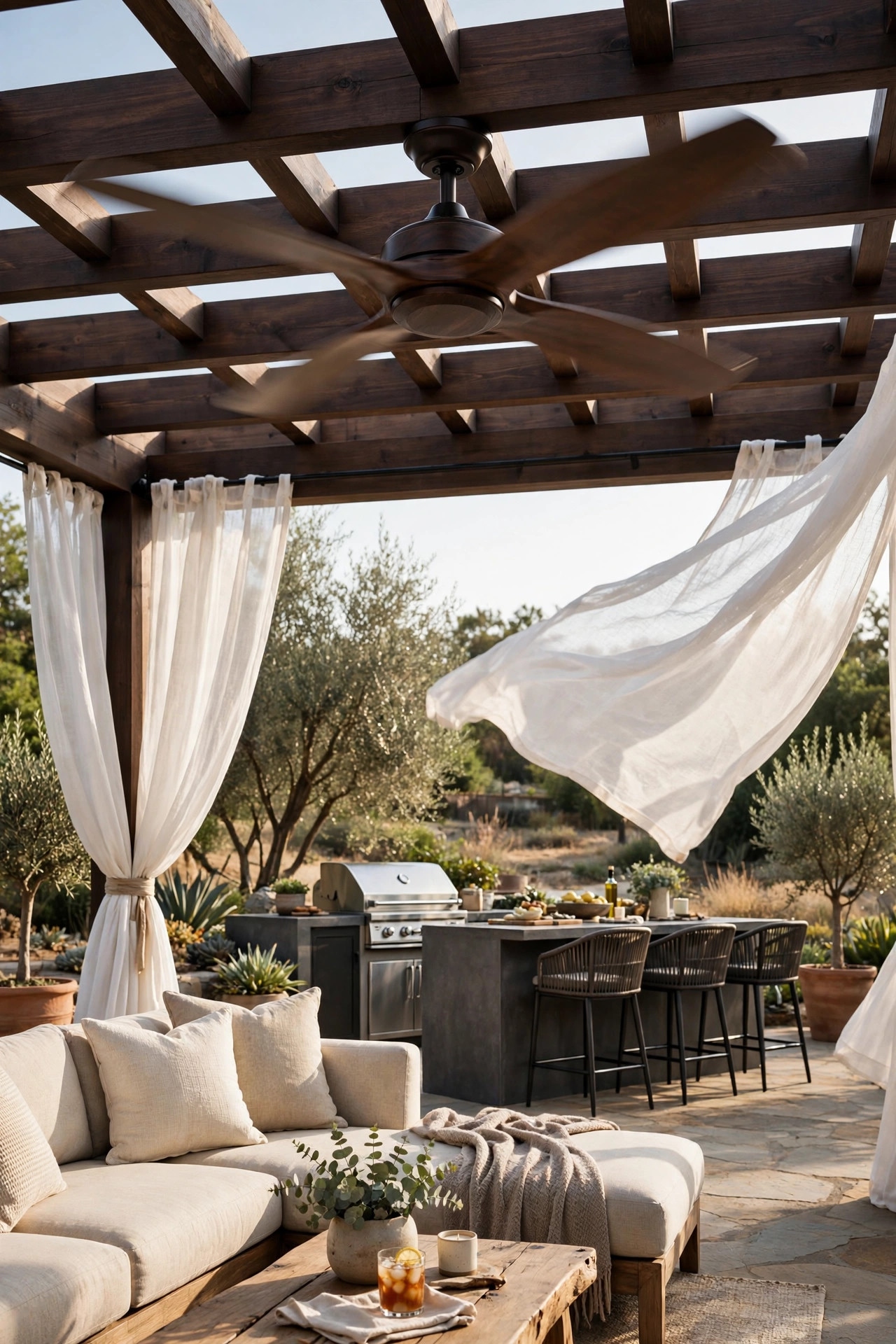 Outdoor ceiling fan spinning above a shaded seating area