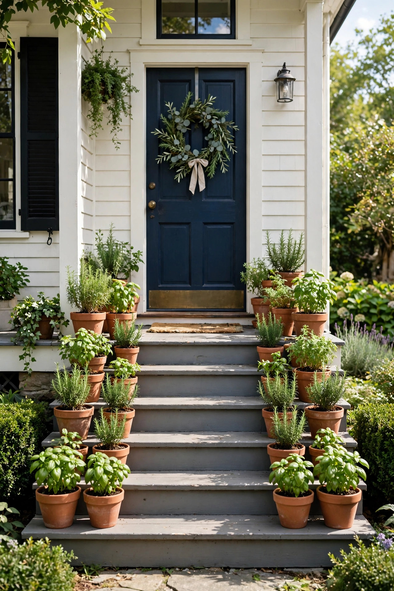 Small Front Yard Landscaping Ideas With Big Impact 19 Terracotta pots of fresh herbs lined up on front steps.