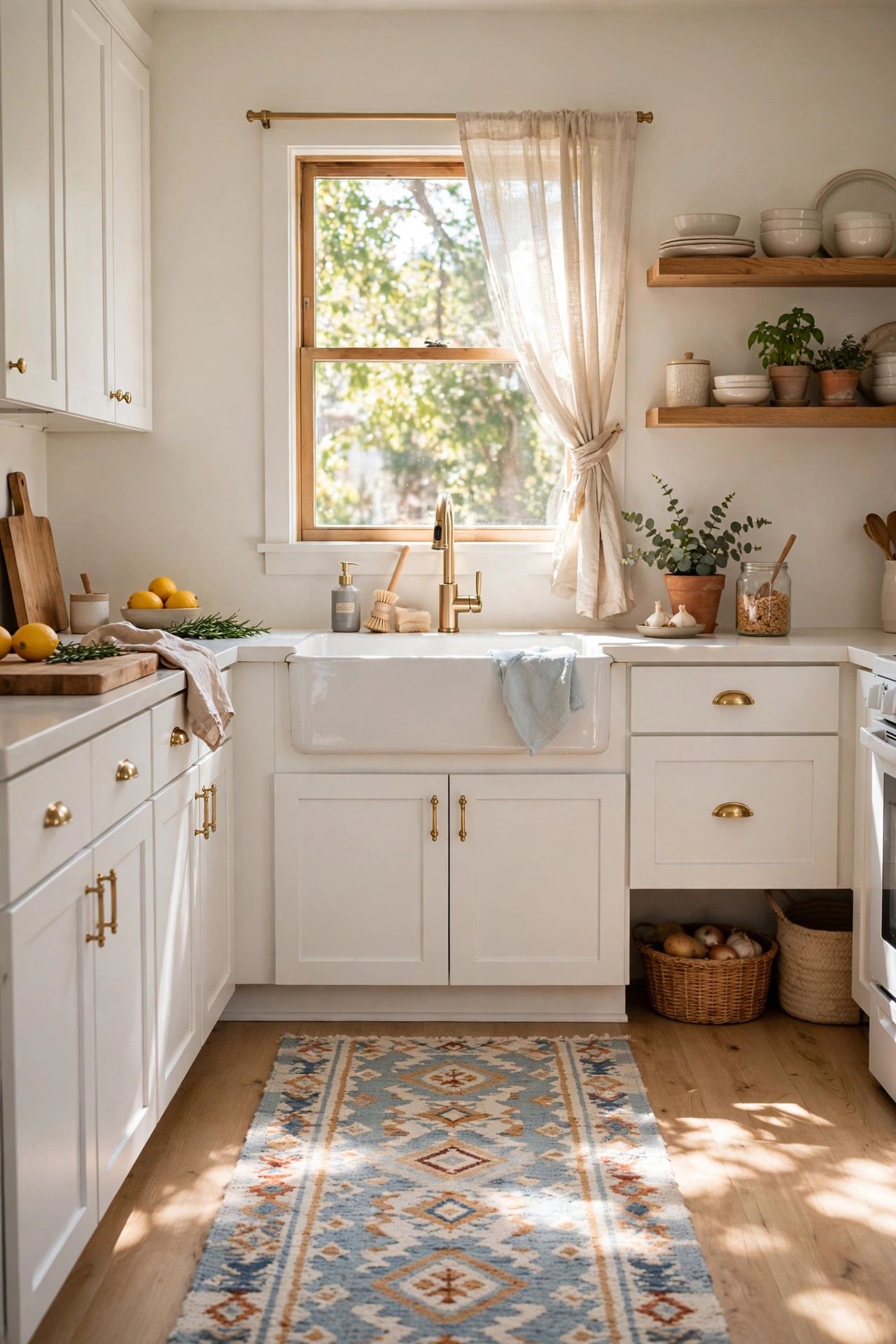 18 Renter-Friendly Kitchen Upgrades That Need Zero Permission 19 Patterned washable rug runner in front of a white farmhouse sink