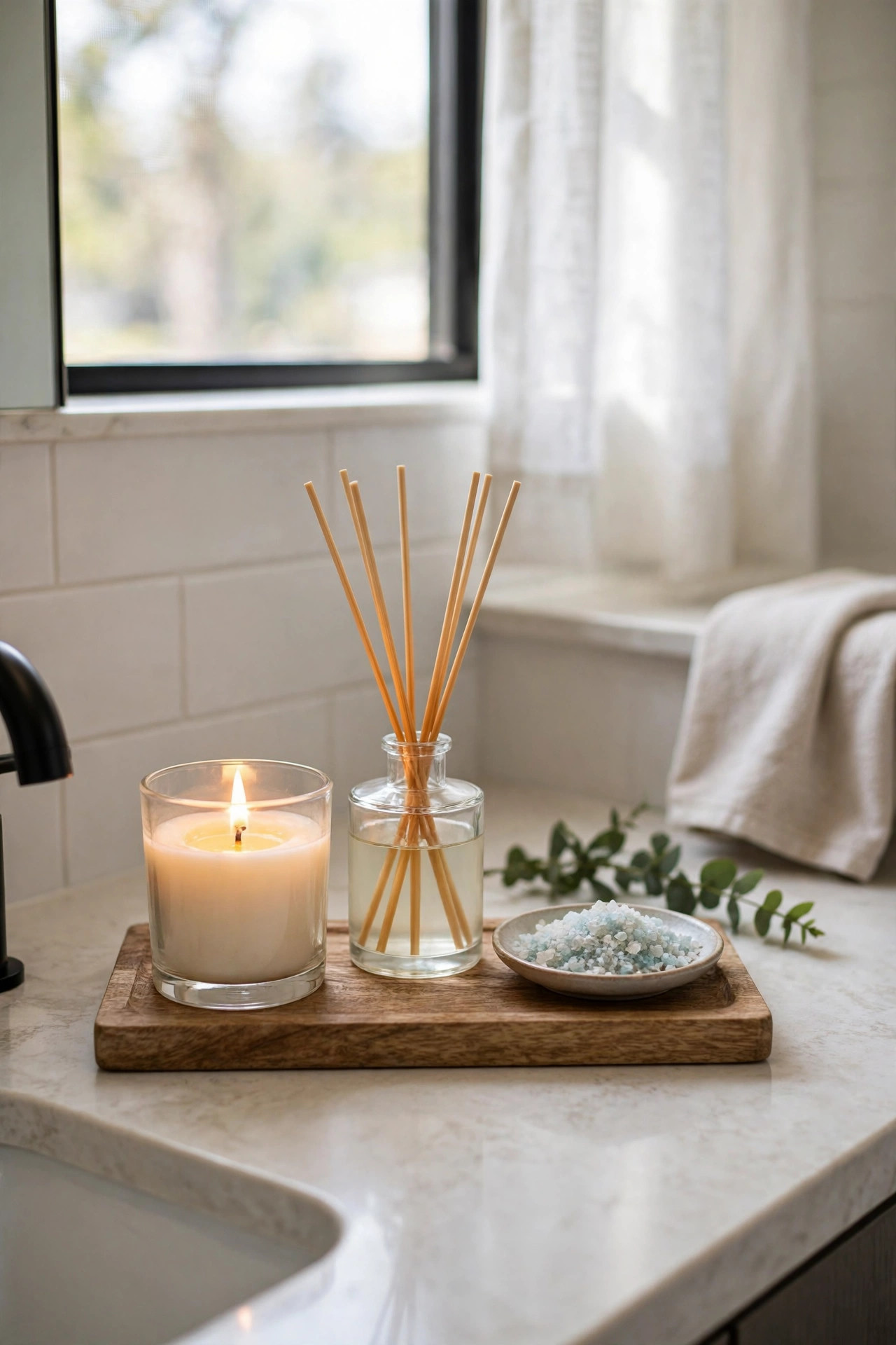 19 Rental Bathroom Ideas That Make It Feel Like Your Own 19 A bathroom counter styled as a cozy scent station with a lit candle, a reed diffuser, and a small dish of bath salts on a wooden tray.