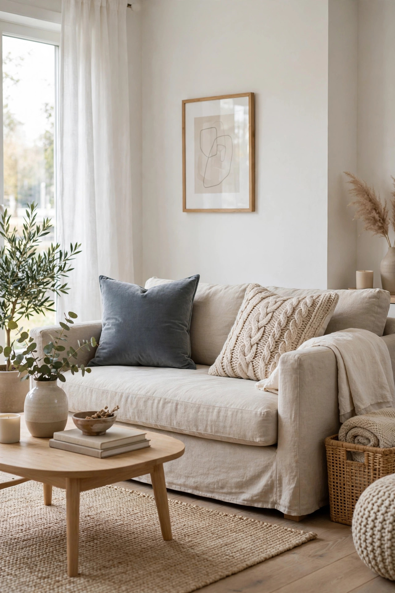 Beige sofa styled with cranberry red velvet pillows flanking a natural chunky knit pillow with a folded throw