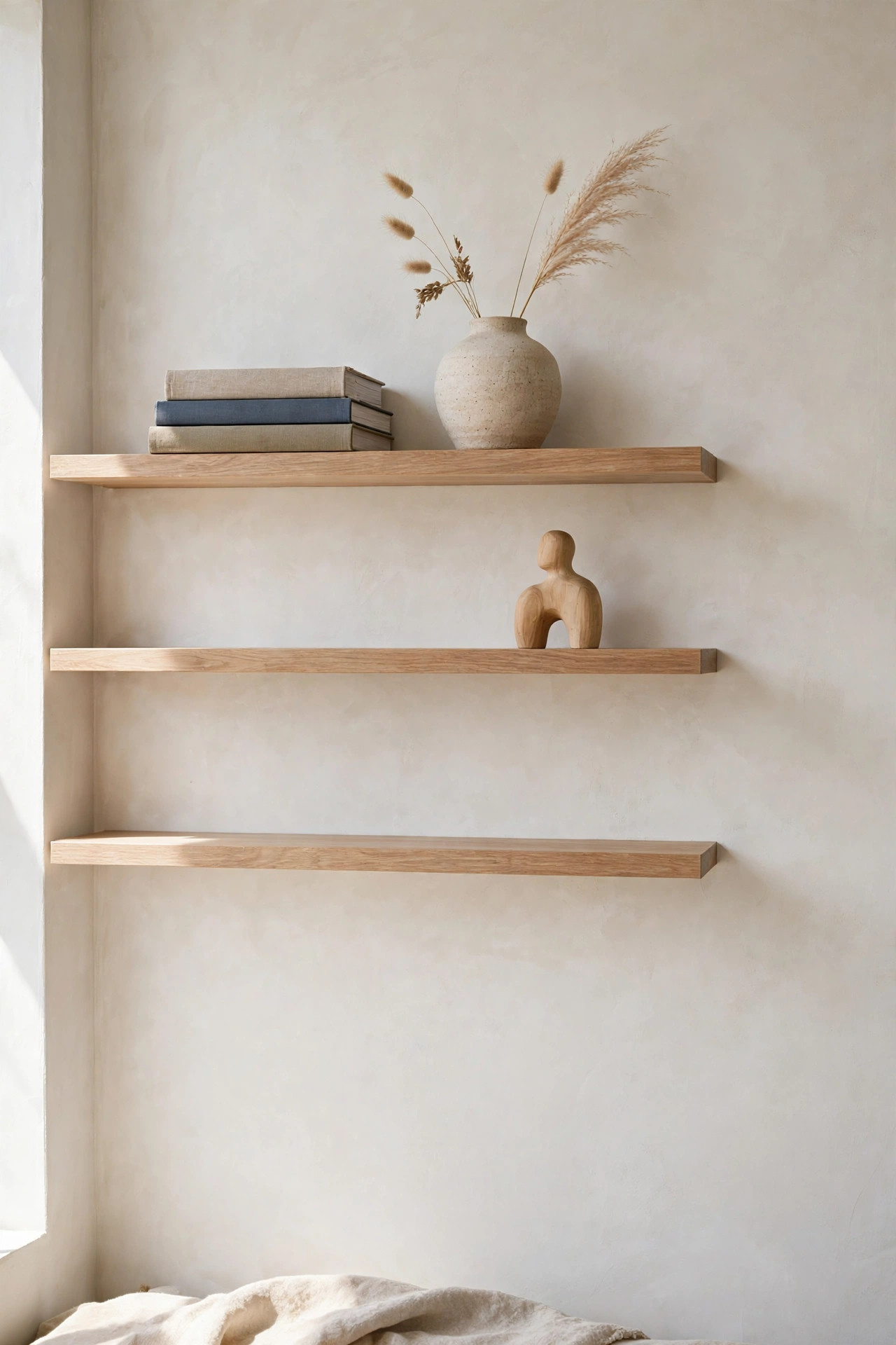 Curated floating shelves in light oak styled with art books, handmade vase and wooden sculpture