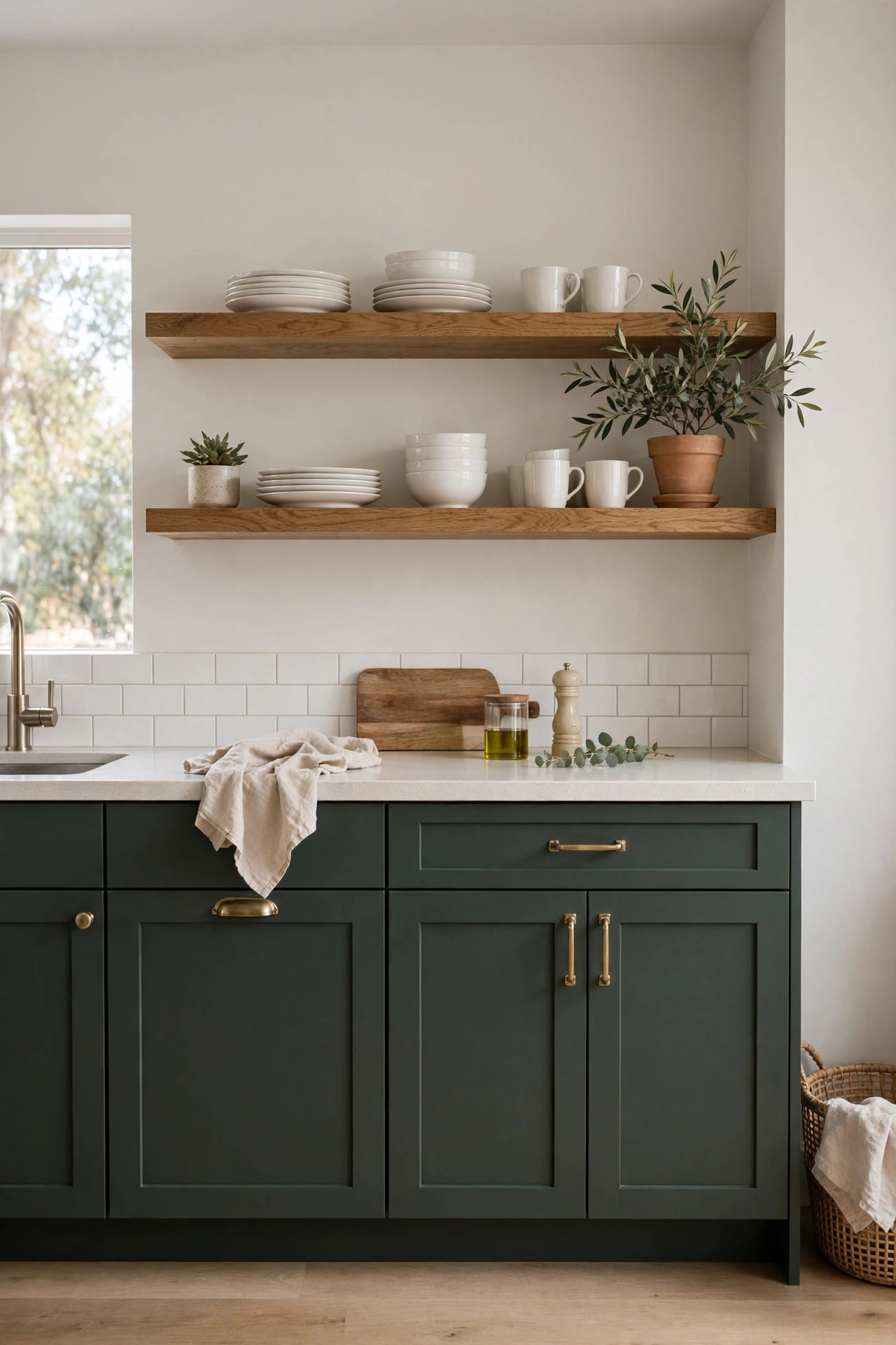 Kitchen with dark green lower cabinets and open oak wood shelves with white dishes.