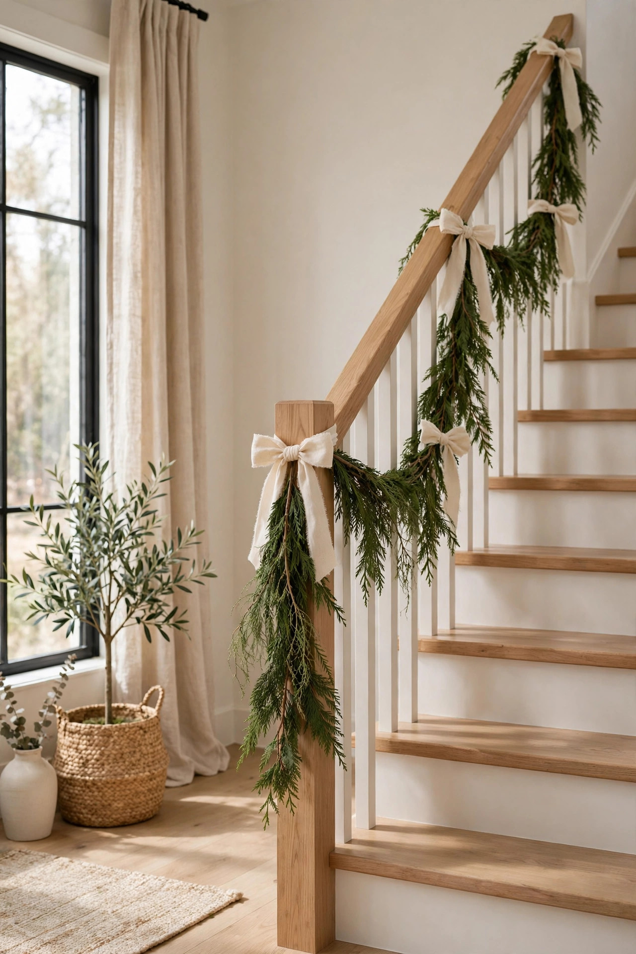 Cozy Winter Home Decor Ideas for After the Holidays 19 Staircase banister draped with a simple fresh cedar garland tied with cream ribbon