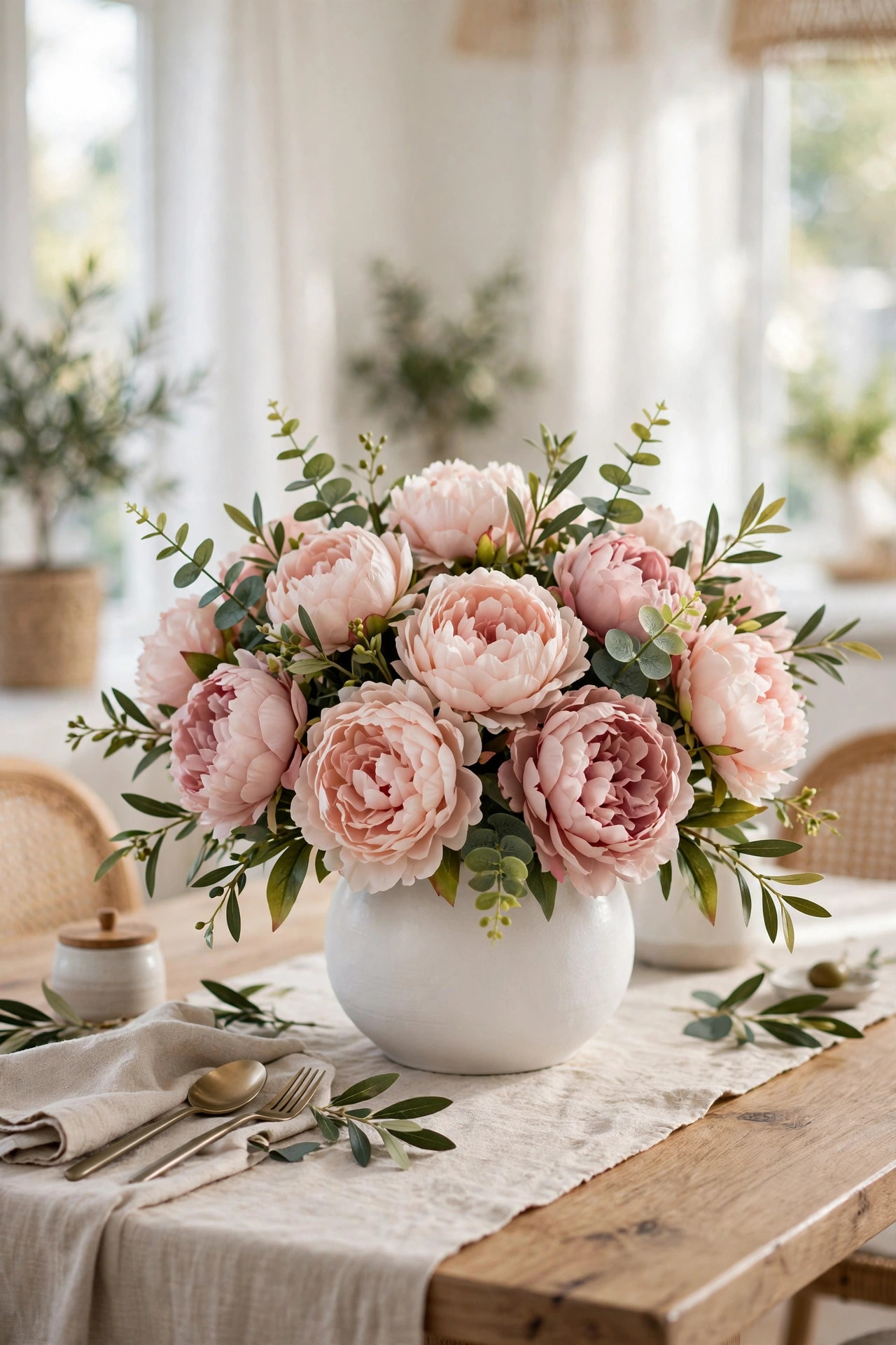 19 Dollar Store Decor Ideas That Look Way More Expensive 19 Lush blush pink faux peonies in a low white vase as a dining table centerpiece