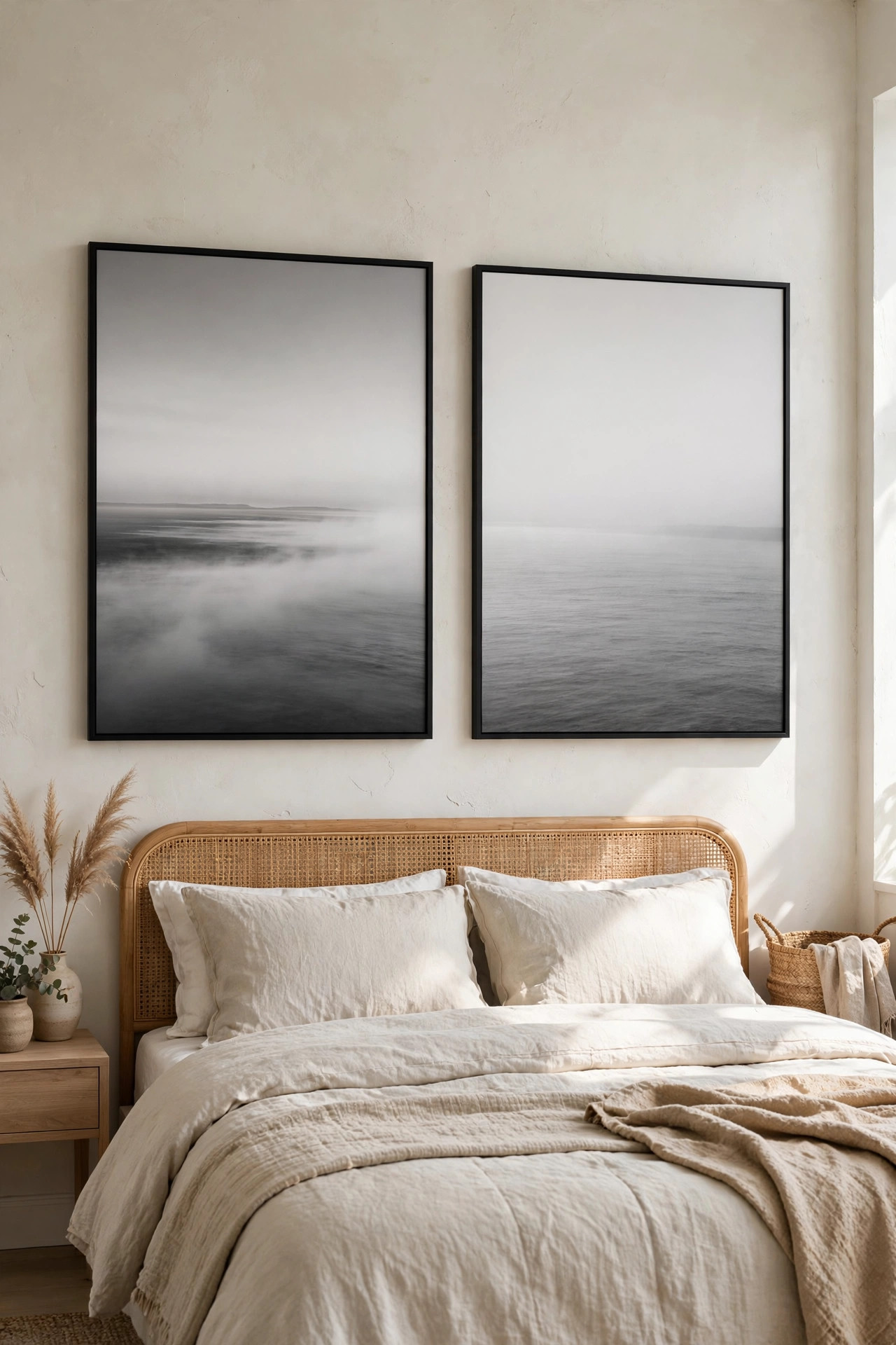 18 Coastal Bedroom Ideas Without the Cliches 19 Minimalist framed black and white seascape photographs above a bed