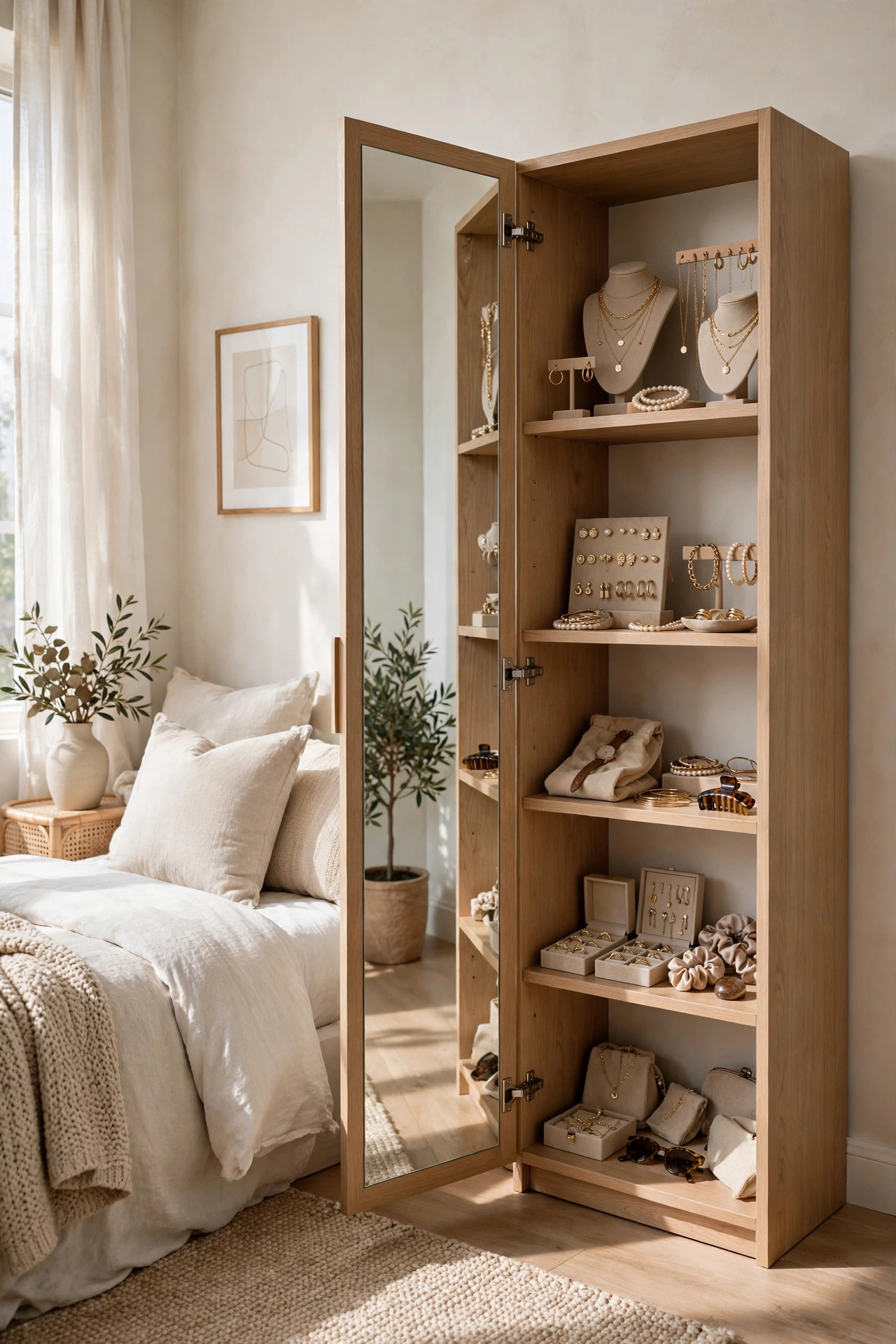 Bedroom corner with a tall mirror cabinet open to show storage shelves.