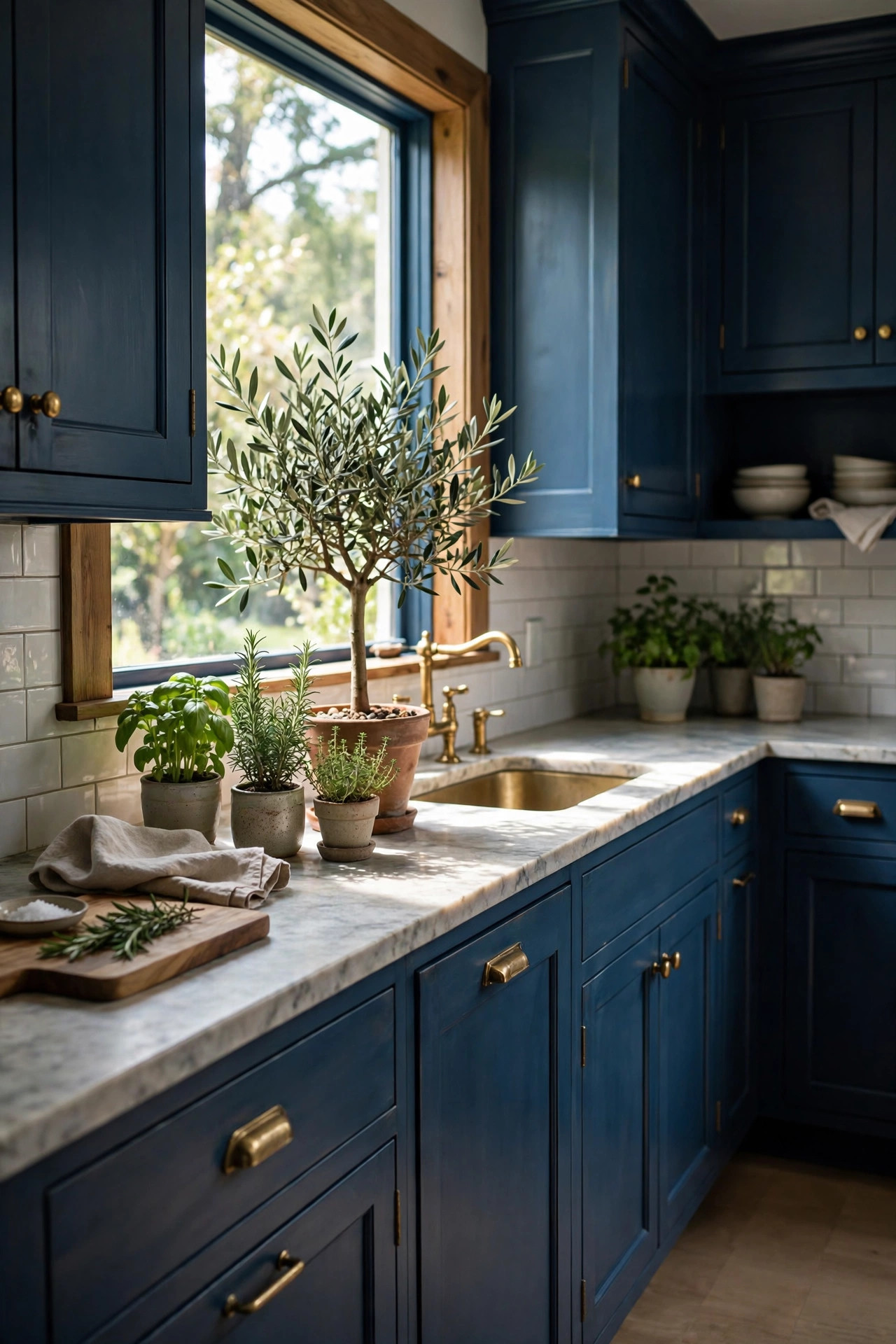 Green plants in blue kitchen