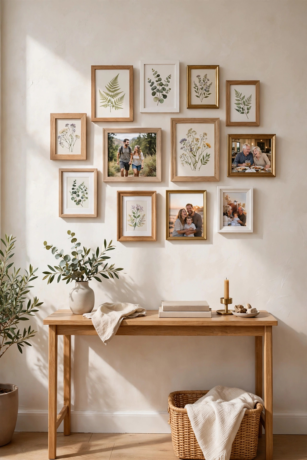 Gallery wall of small mismatched frames in wood, white and brass above a slim console