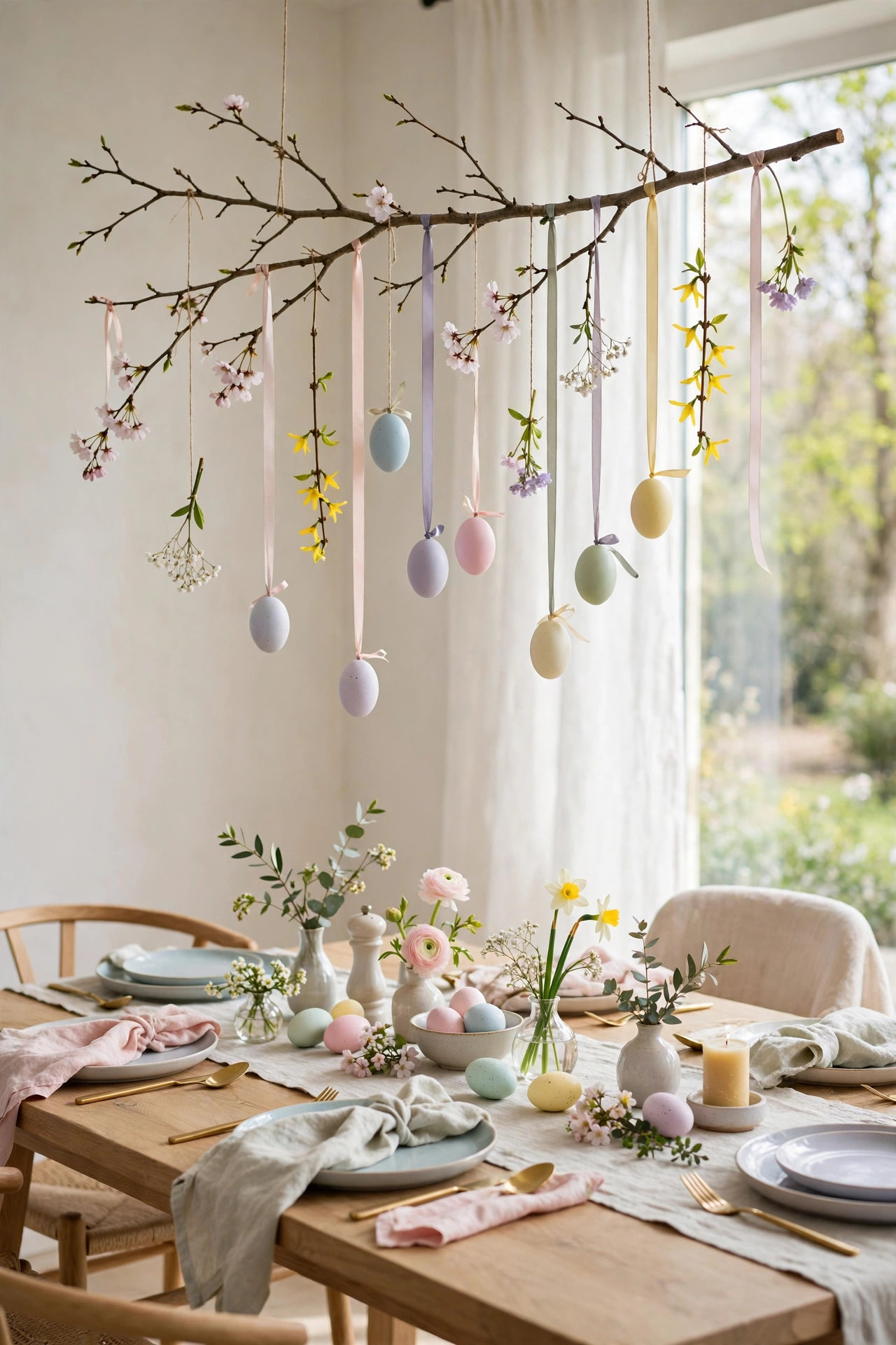 Bare branch hung above a table with pastel eggs and small flowers