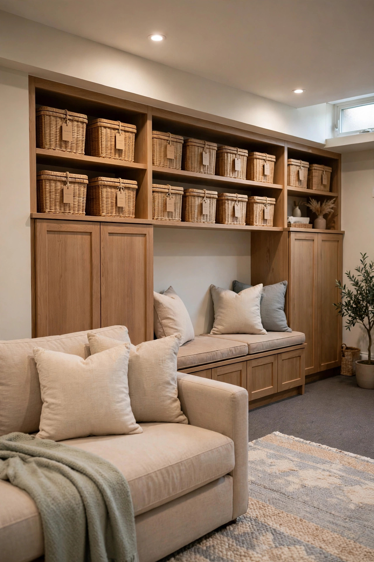 Closed storage cabinets and labeled bins keeping a basement family room tidy and clutter free.