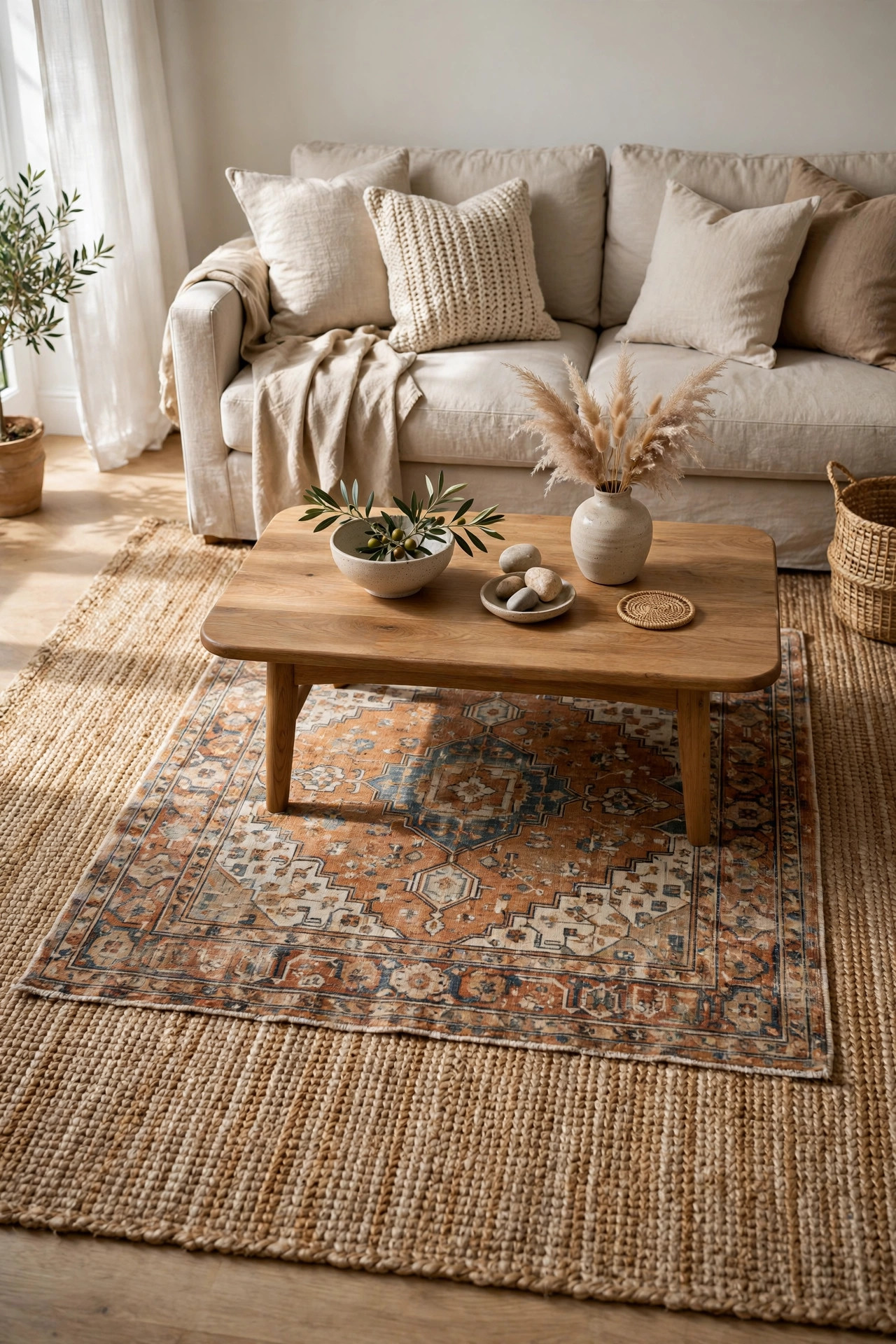 22 Decor Ideas Under $50 That Change Everything 19 Jute rug layered under a smaller patterned rug in a bright living room