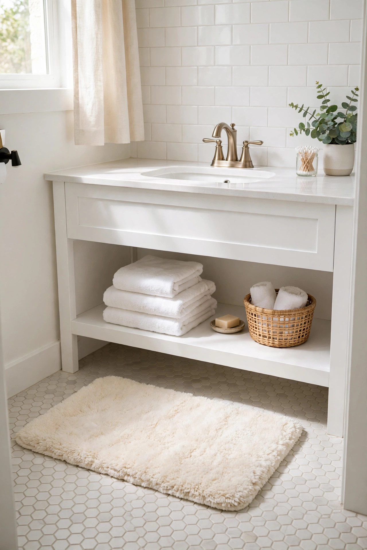 Cream bath mat and folded white towels in a bright small bathroom.