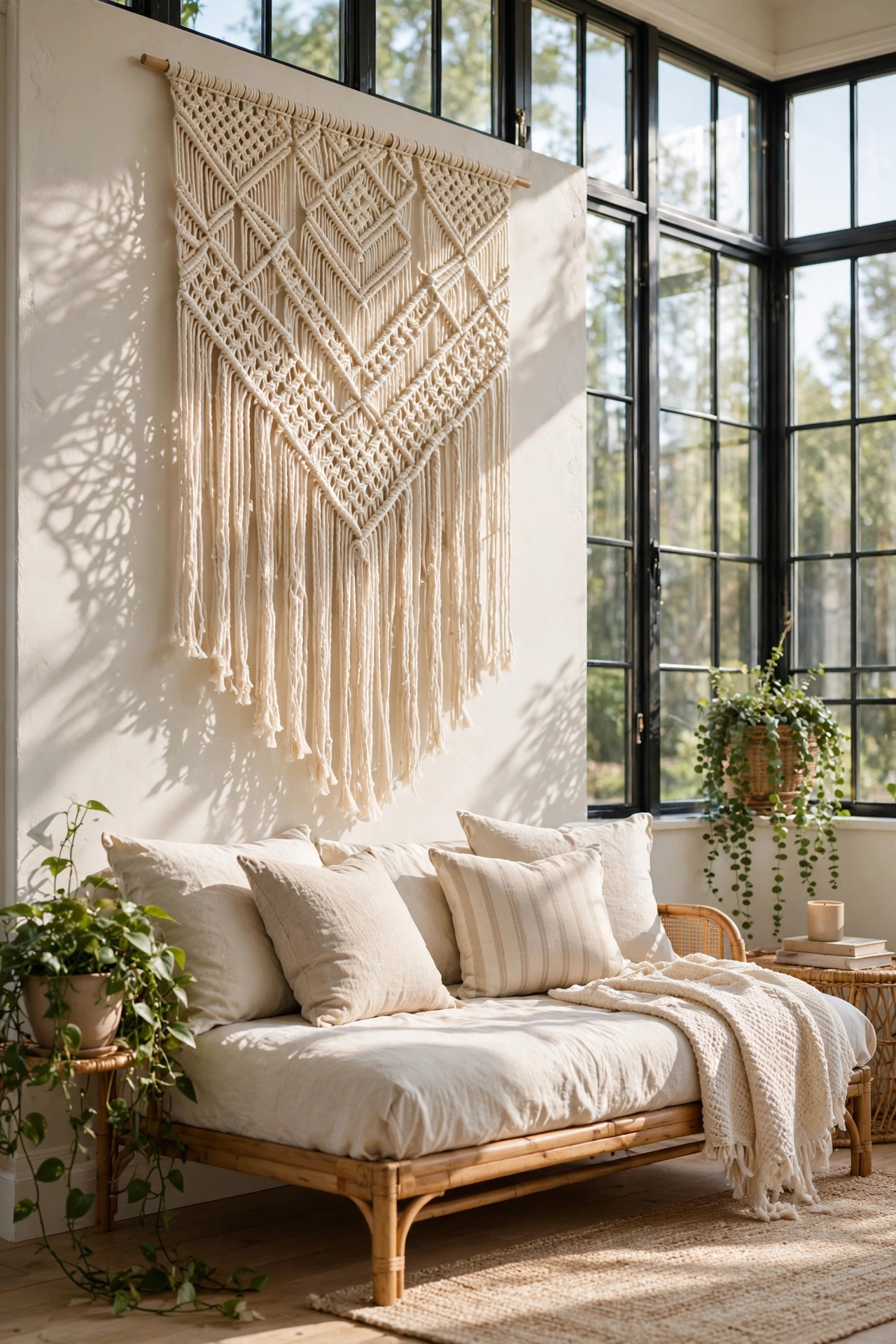 Large hand knotted cream macrame wall hanging with long fringe above a daybed