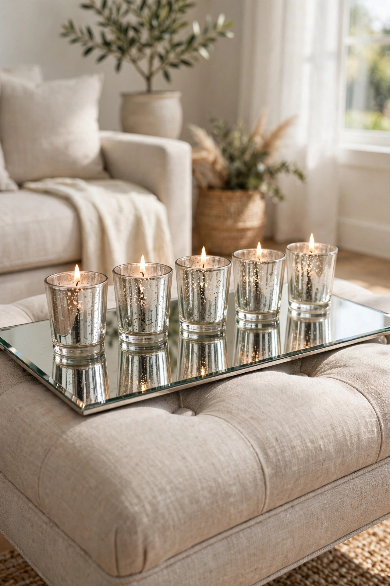 Five mercury glass votive candles on a mirrored tray on an ottoman