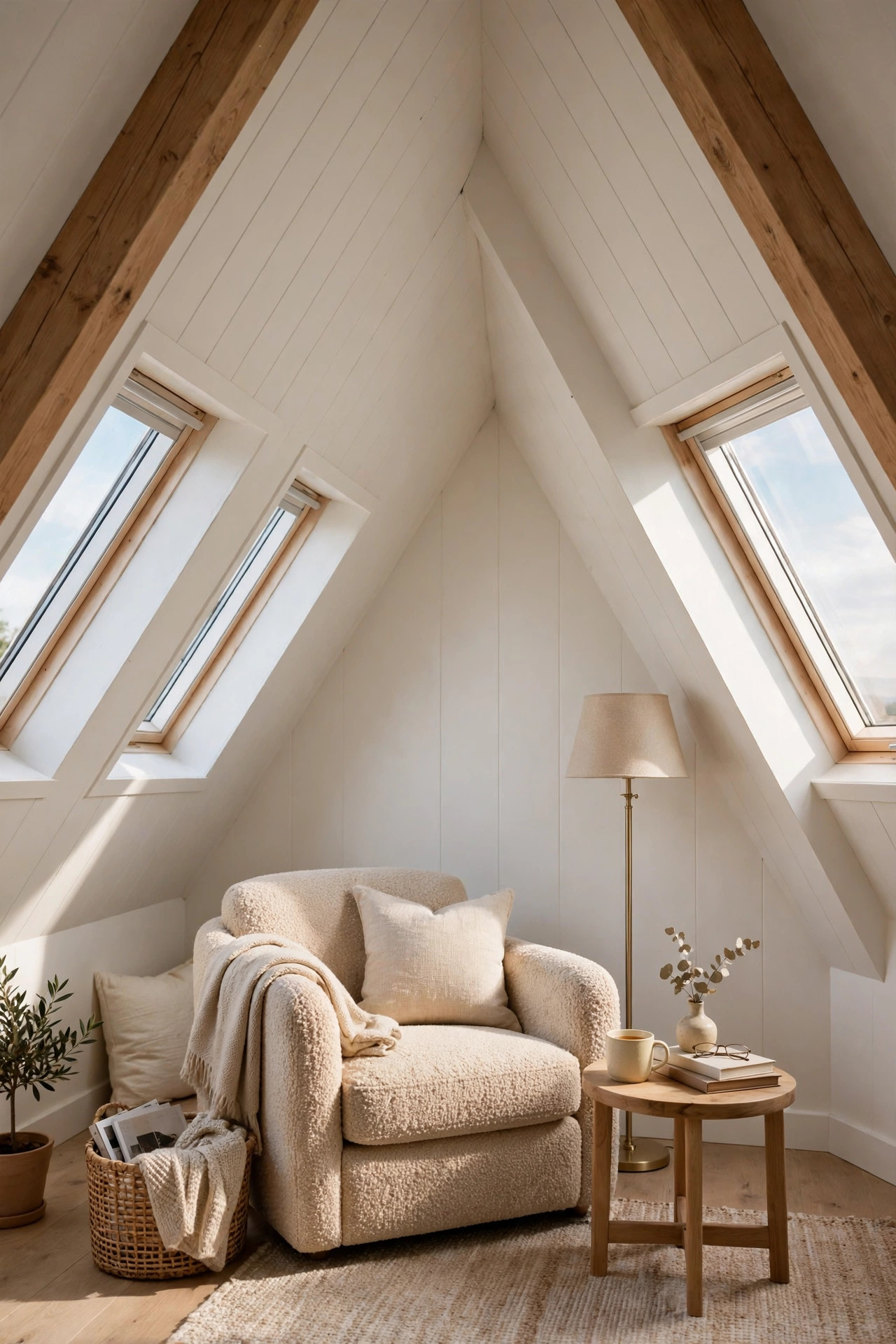 Comfortable reading corner with armchair and lamp in the tall gable end of an attic.