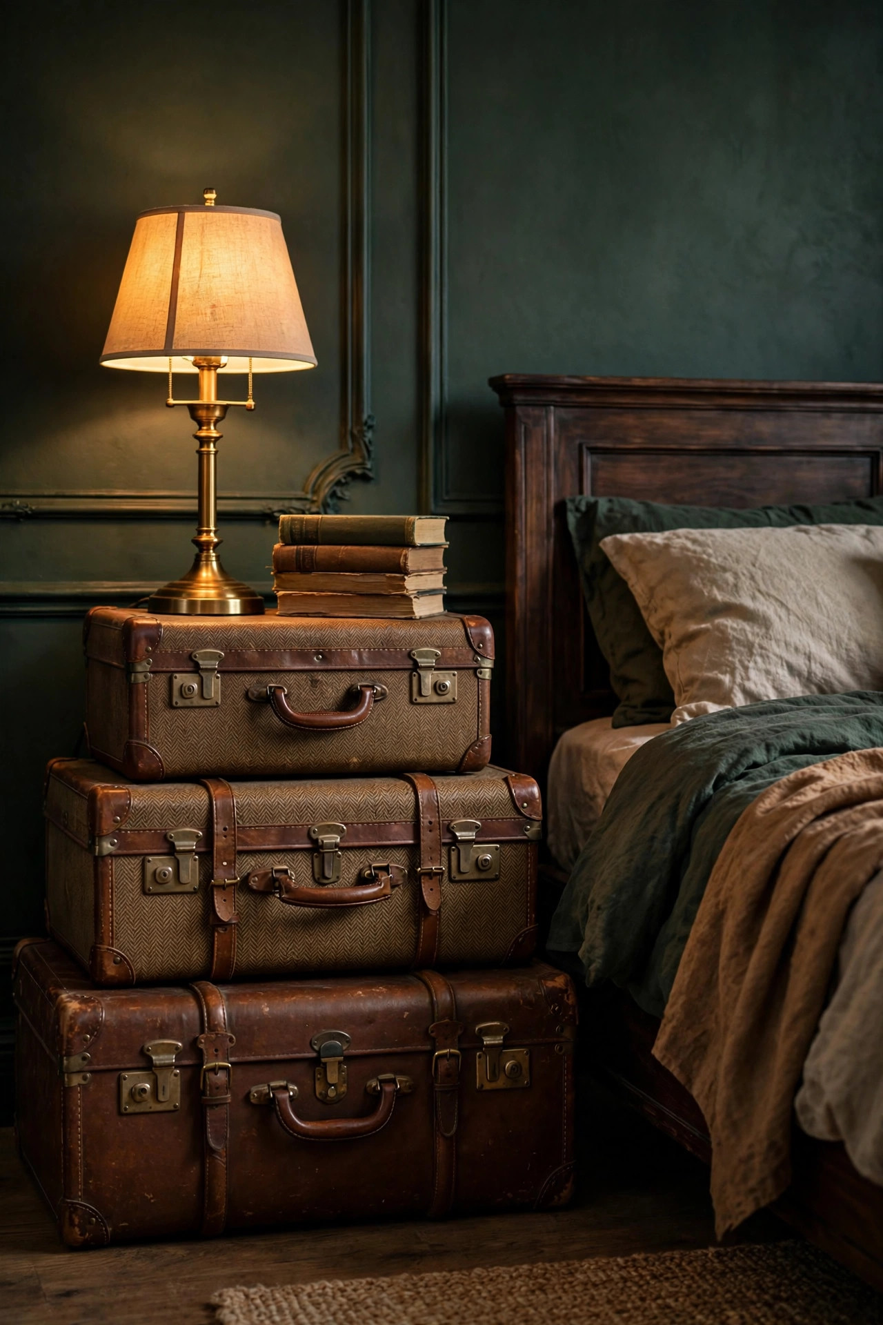 21 Dark Academia Room Decor Ideas That Feel Like an Old Library 19 Three stacked vintage suitcases in leather and tweed beside a dark wood bed