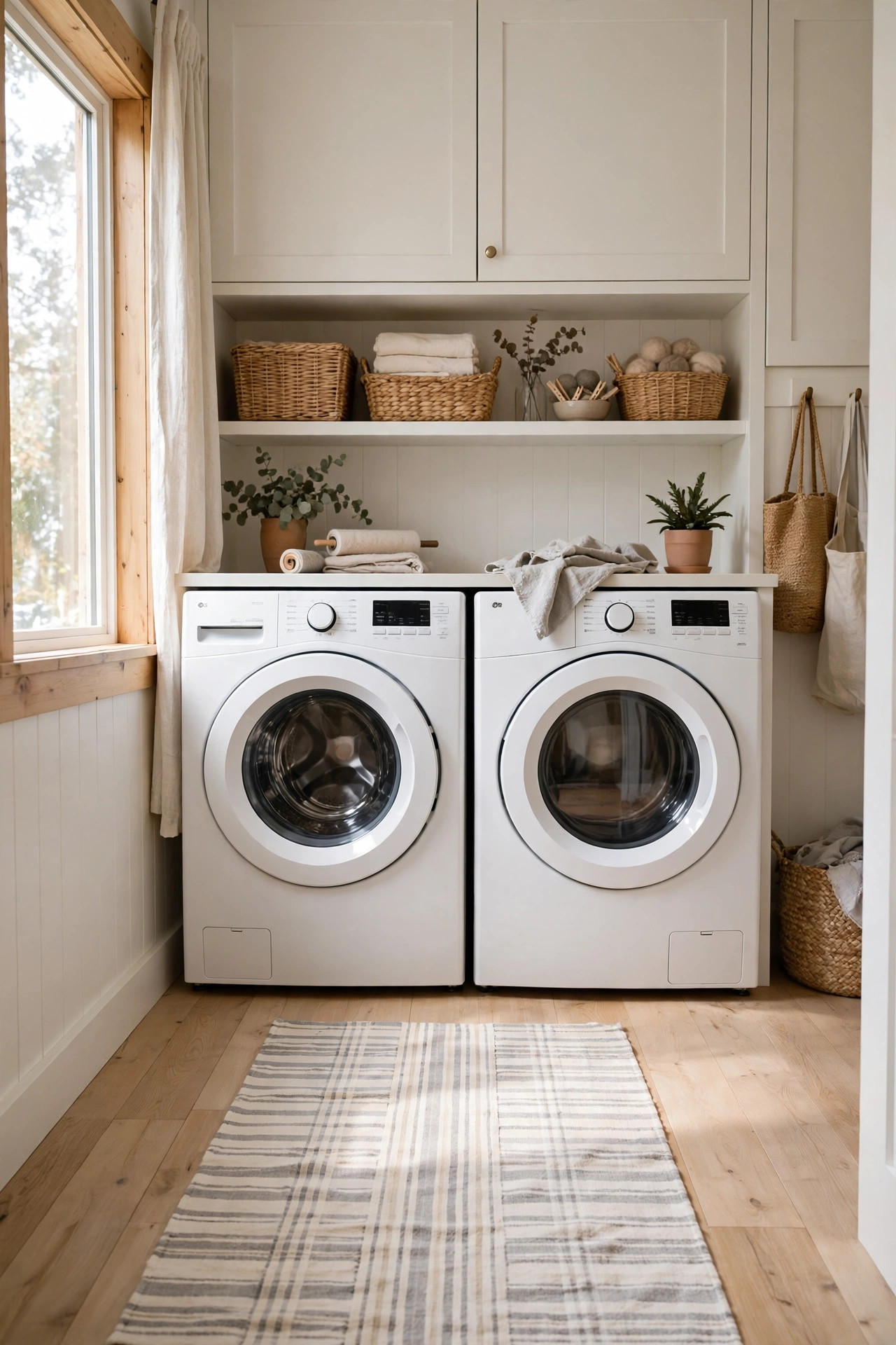 Striped washable cotton runner rug in cream and gray in front of white laundry machines.