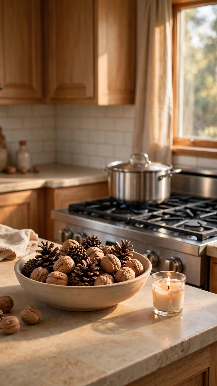 A wooden bowl of walnuts and pinecones with a small lit candle on a counter beside a stove with a pot on the burner.