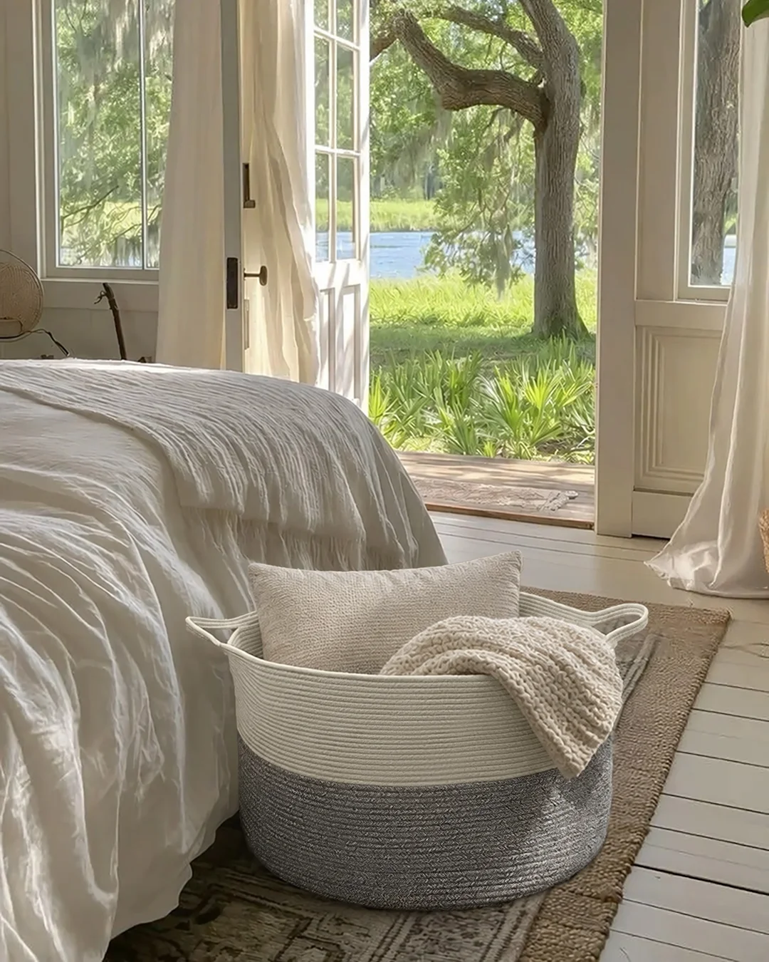 A rope basket holding a pillow and a knit throw beside a bed in a bedroom