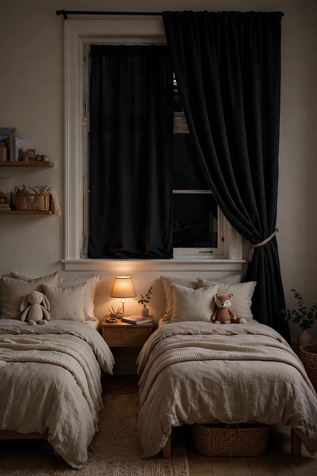 Blackout curtains on a window in a shared kids bedroom.