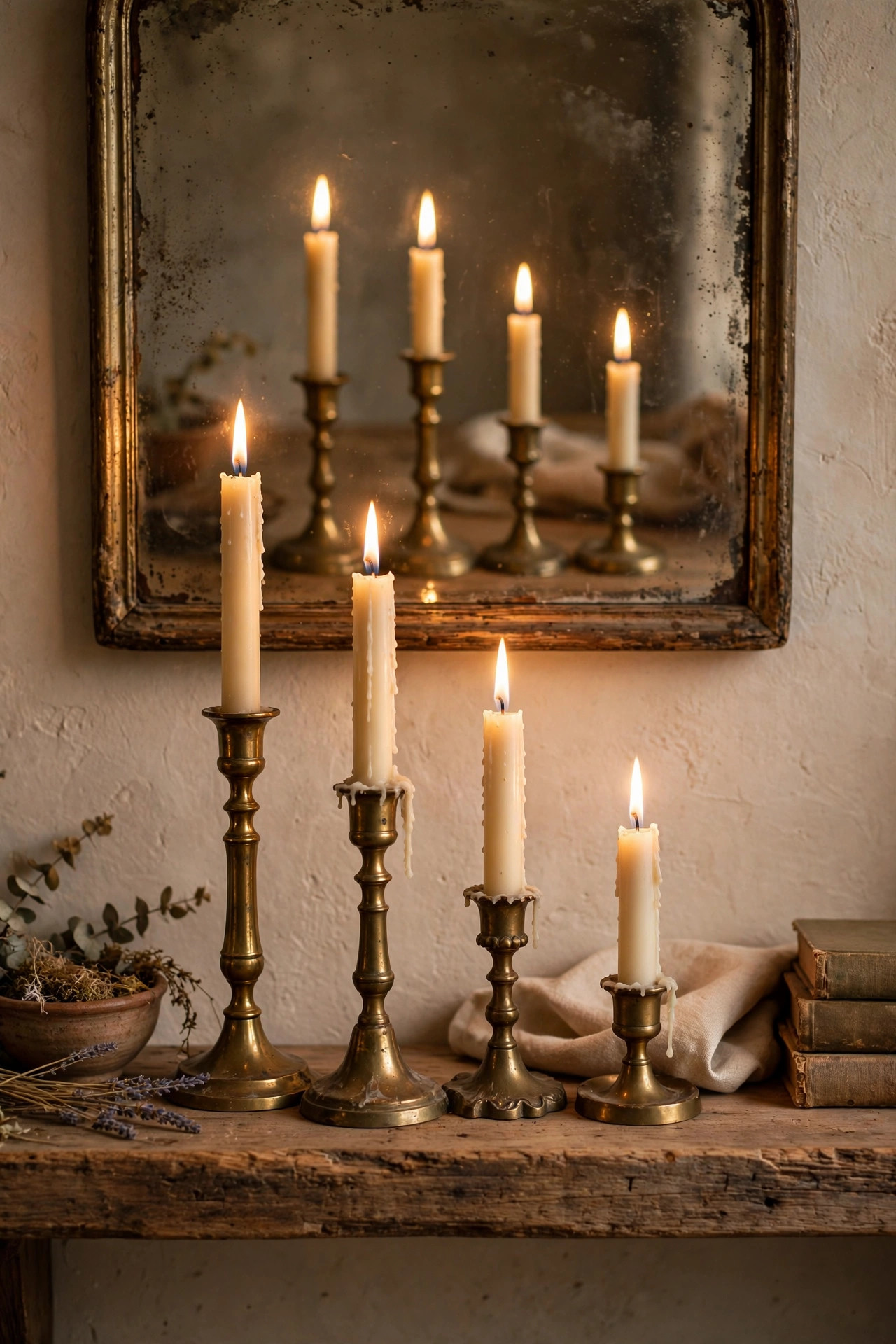 21 Dark Academia Room Decor Ideas That Feel Like an Old Library 20 Mismatched brass candlesticks with lit tapers on a wide wooden shelf