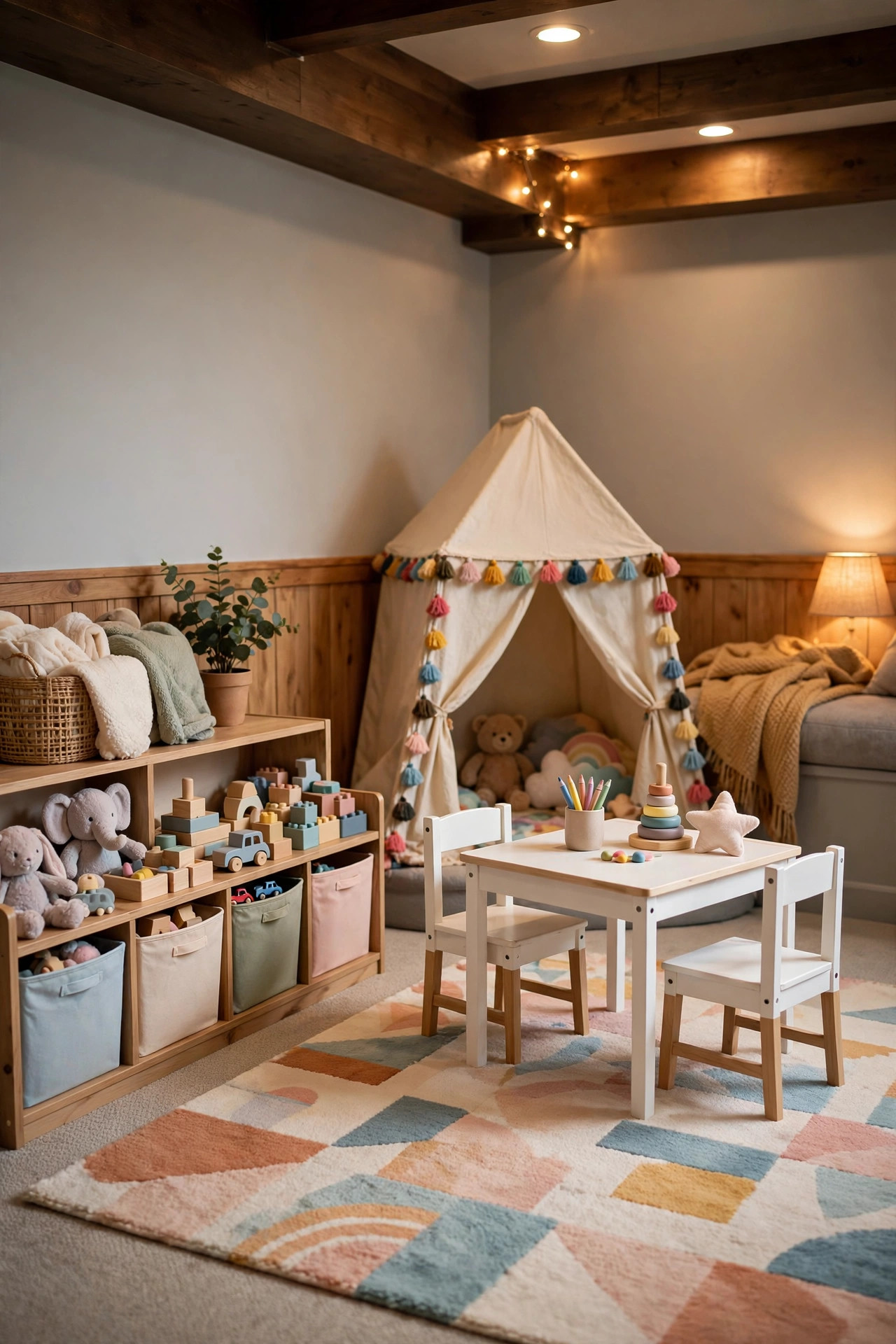 A cheerful kids play corner in a basement family room with a small table, soft rug, and toy storage bins.