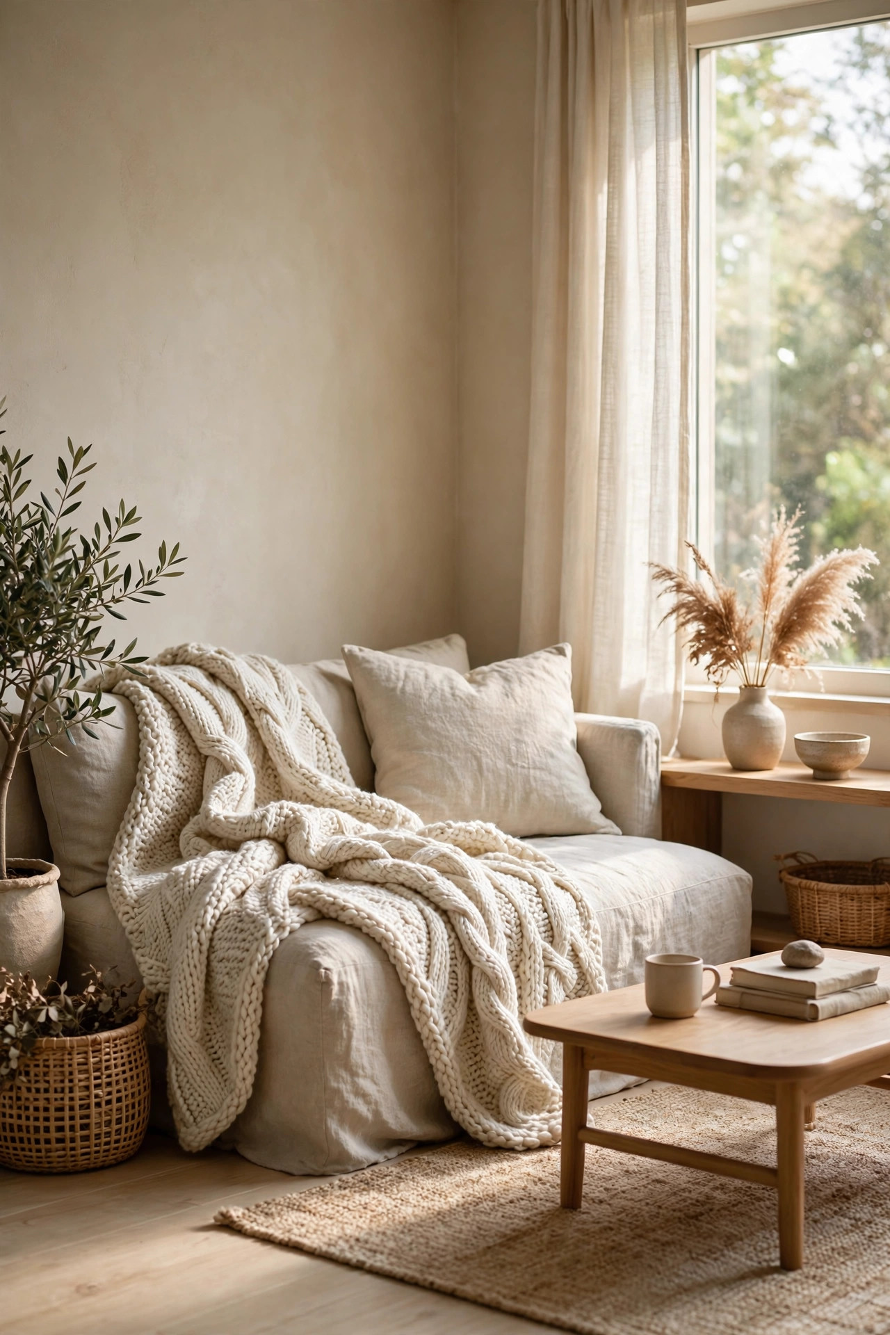 Chunky knit throw blanket in cream draped over a low linen sofa