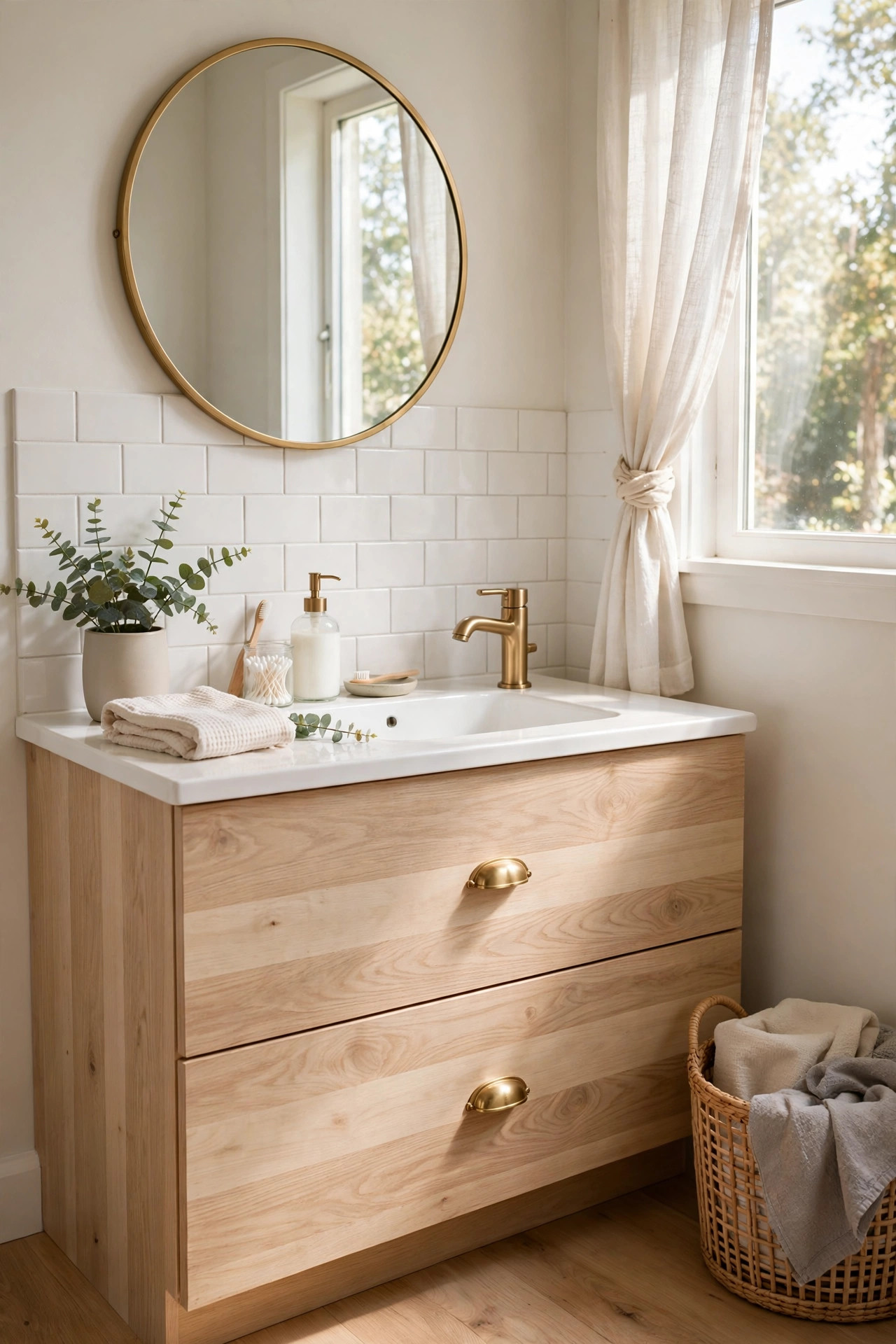 19 Rental Bathroom Ideas That Make It Feel Like Your Own 20 A bathroom vanity refreshed with light wood look contact paper and new brass drawer pulls under a white sink.