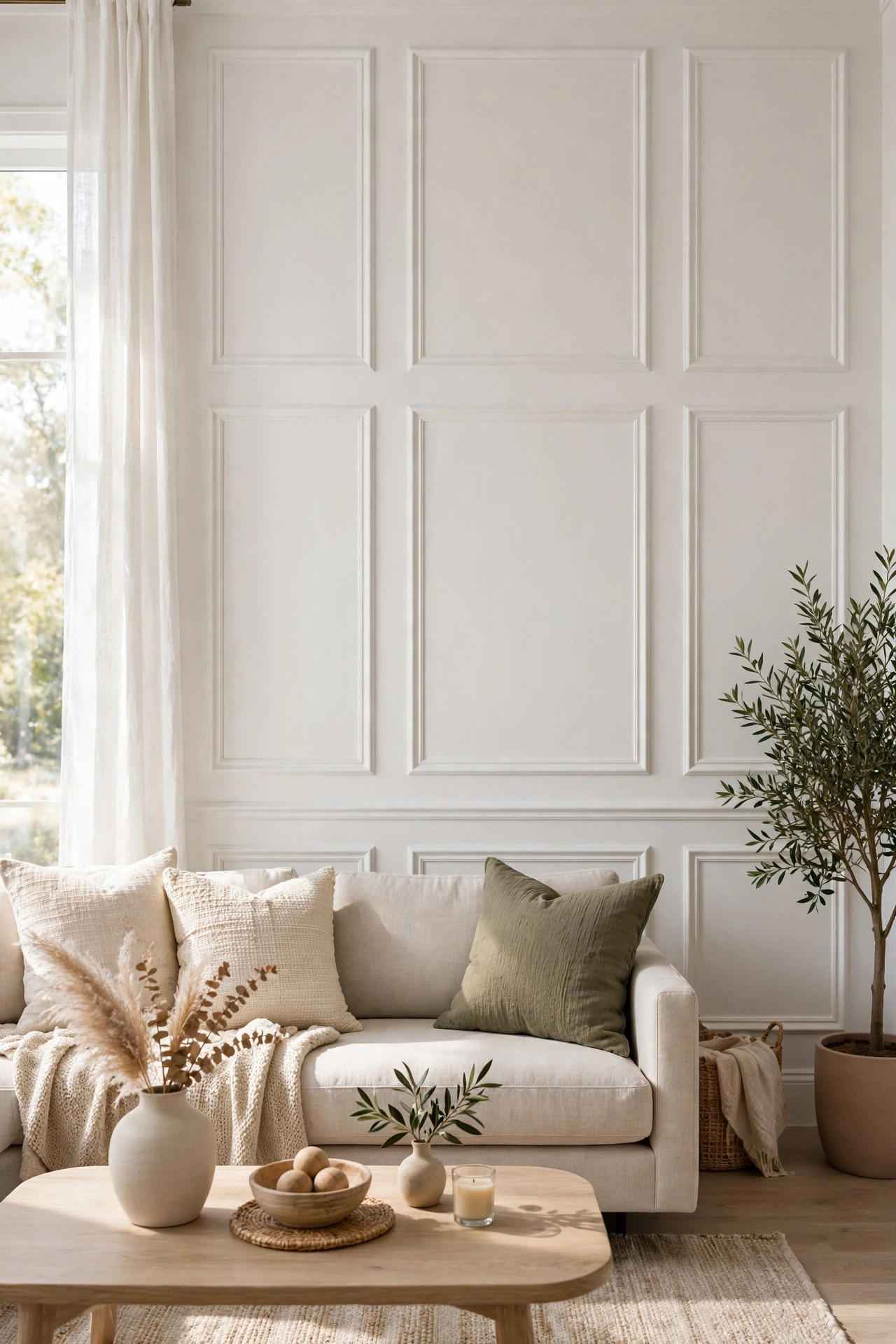 Living room wall with faux white panel molding peel and stick wallpaper.