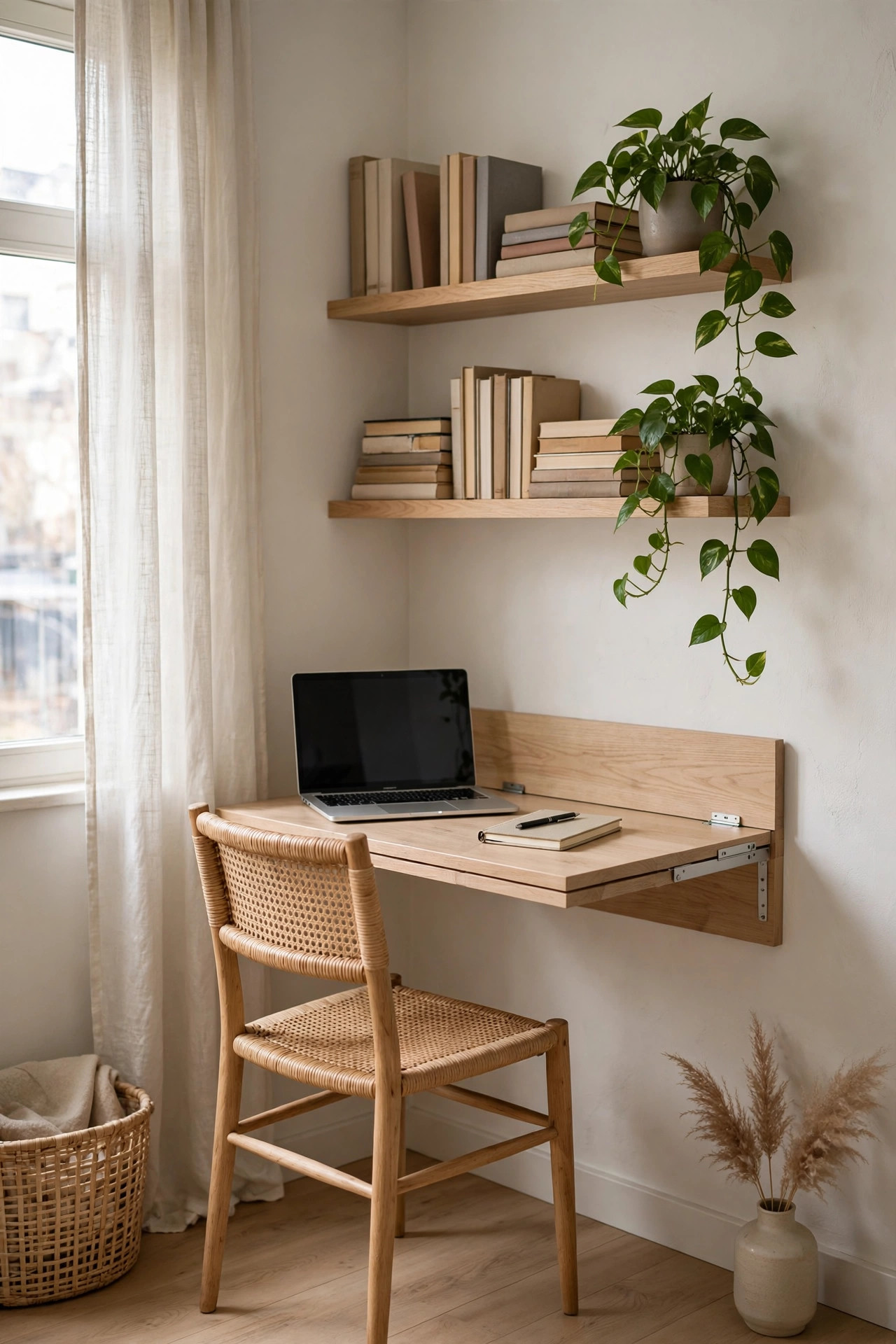 Wall mounted fold down desk in light wood opened with a laptop and a chair tucked in front