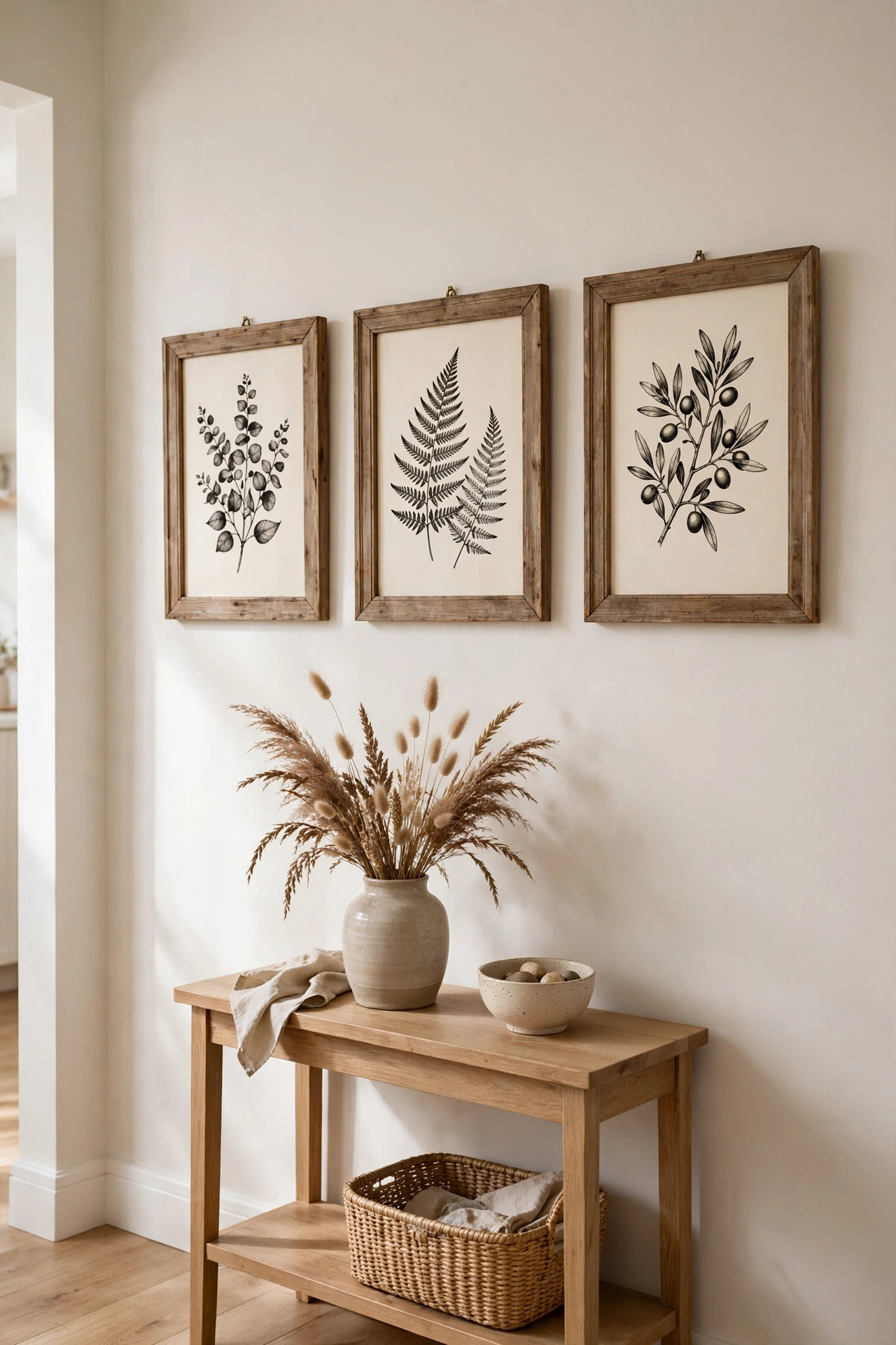 22 Decor Ideas Under $50 That Change Everything 20 Thrifted frames with printable botanical art prints in a hallway