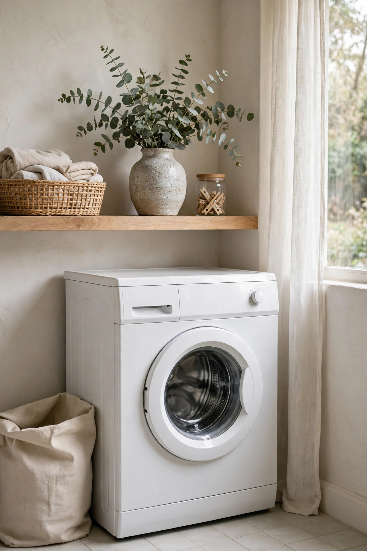 Fresh eucalyptus stems in a speckled ceramic vase on a wood shelf in a laundry room.